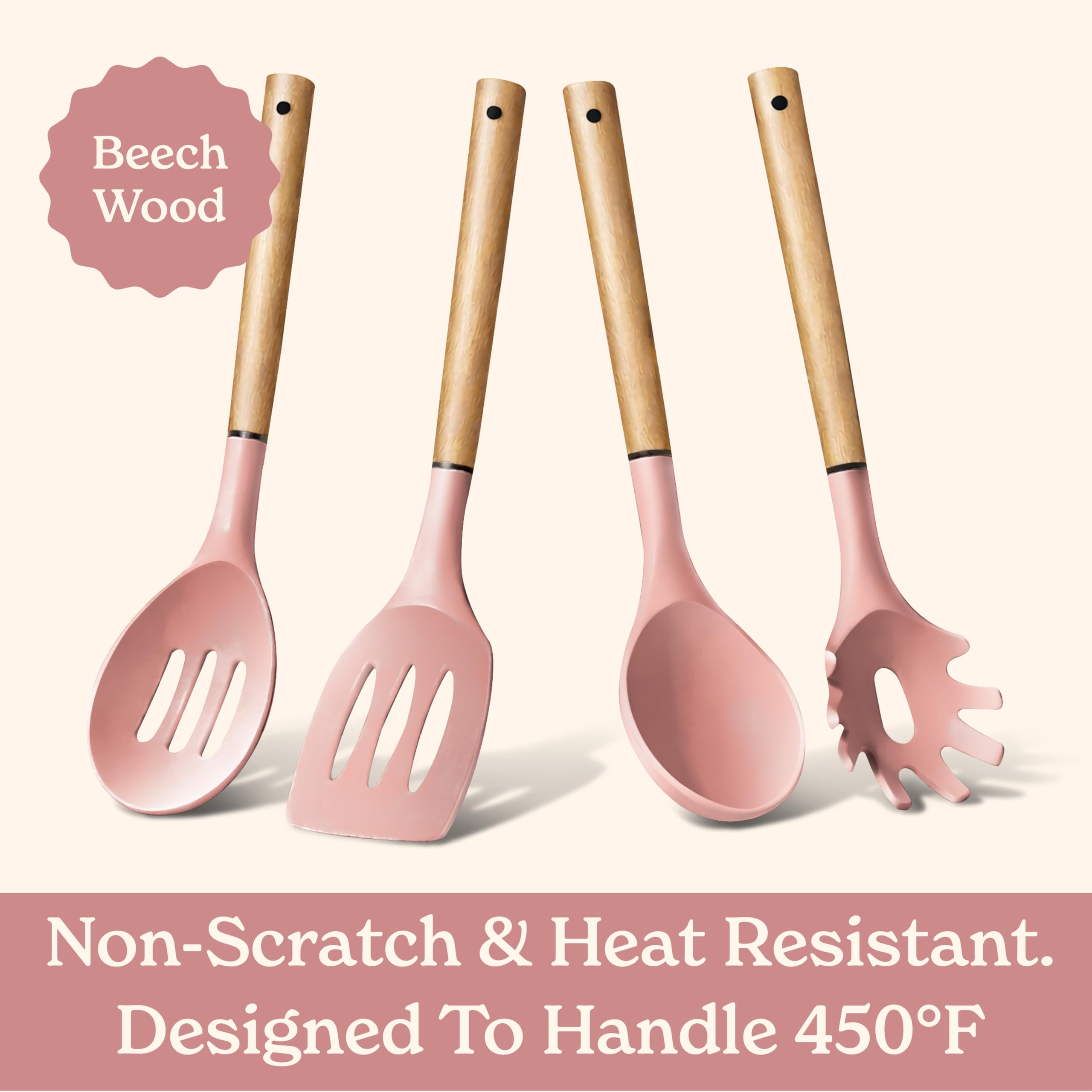 Country Kitchen Non Stick Silicone Utensil Set with Rounded Wood Handles for Cooking and Baking, 8 Piece Set, Pink