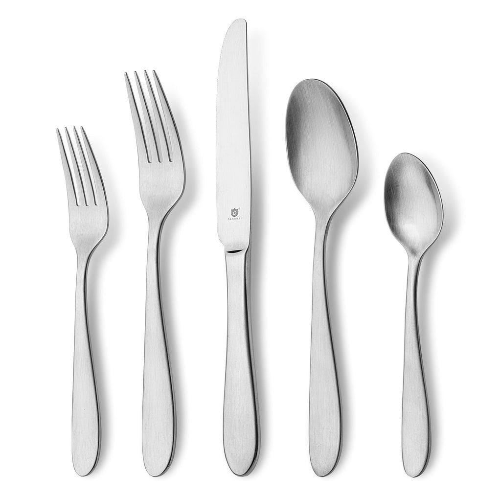 Danialli Matte Silverware Set, 18/10 Stainless Steel Satin Flatware, Modern Brushed Finish Cutlery, Dishwasher Safe & Durable, Built to Last (40-Piece, Marettimo)