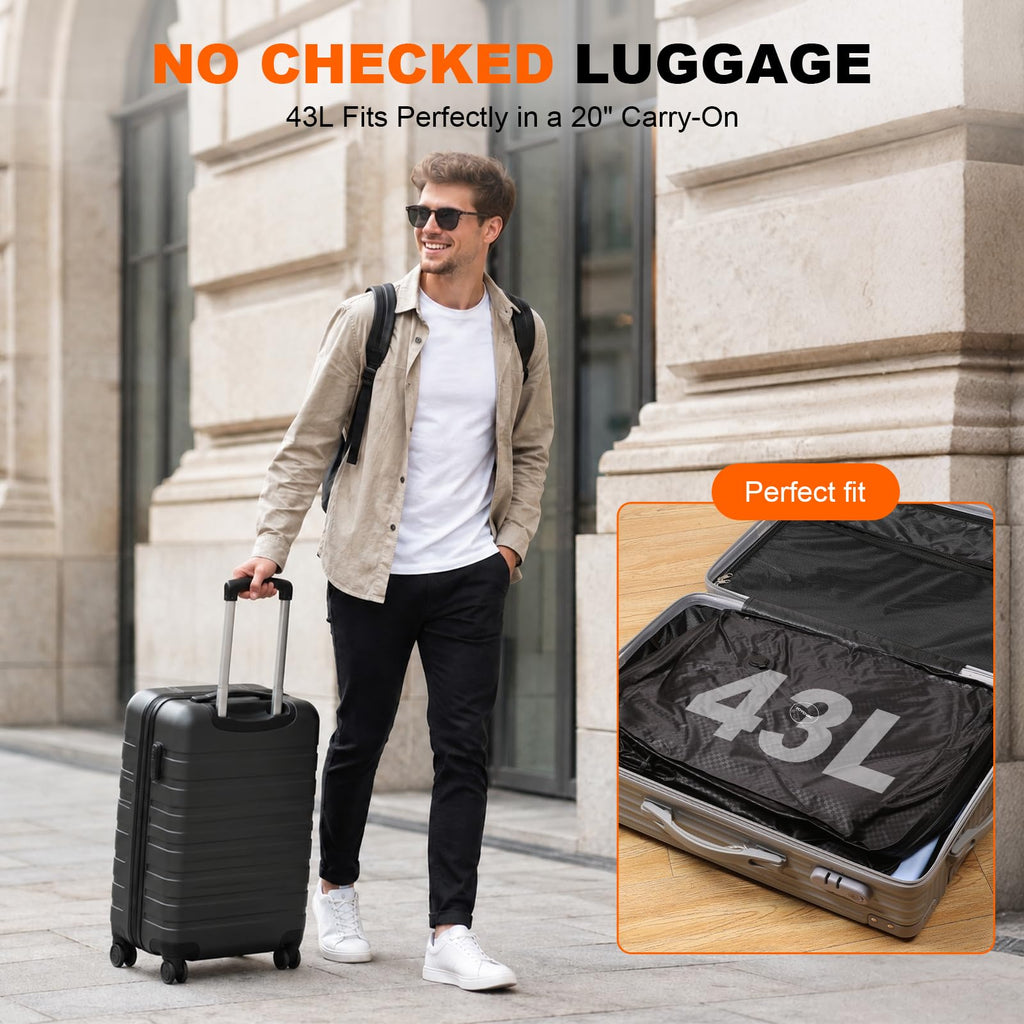 YOYOVAC 43L Max Capacity Vacuum Suitcase Compression Bags with Wireless Pump - Space Saver Bags for Travel Luggage, No Checked Baggage, Reusable, IP68, Fits 20/24/28 Inch Suitcases (No Tracker)