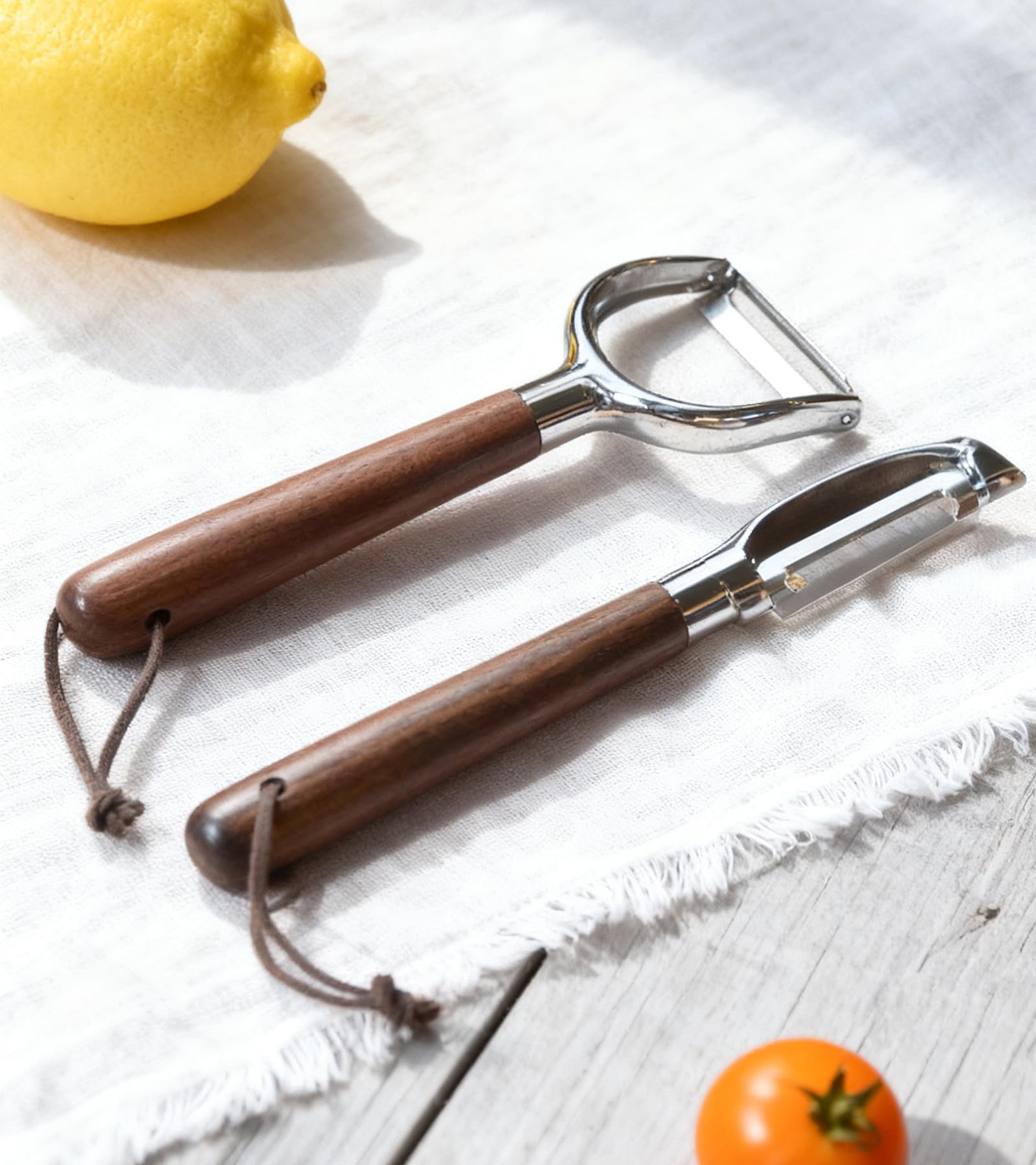 Ugotit Fruit Vegetable Peeler Set for Kitchen, Stainless Steel Potato Peelers Ultra Sharp Swivel Blade, Premium Real Wood Handle Leather Strap (Y&I Shaped)