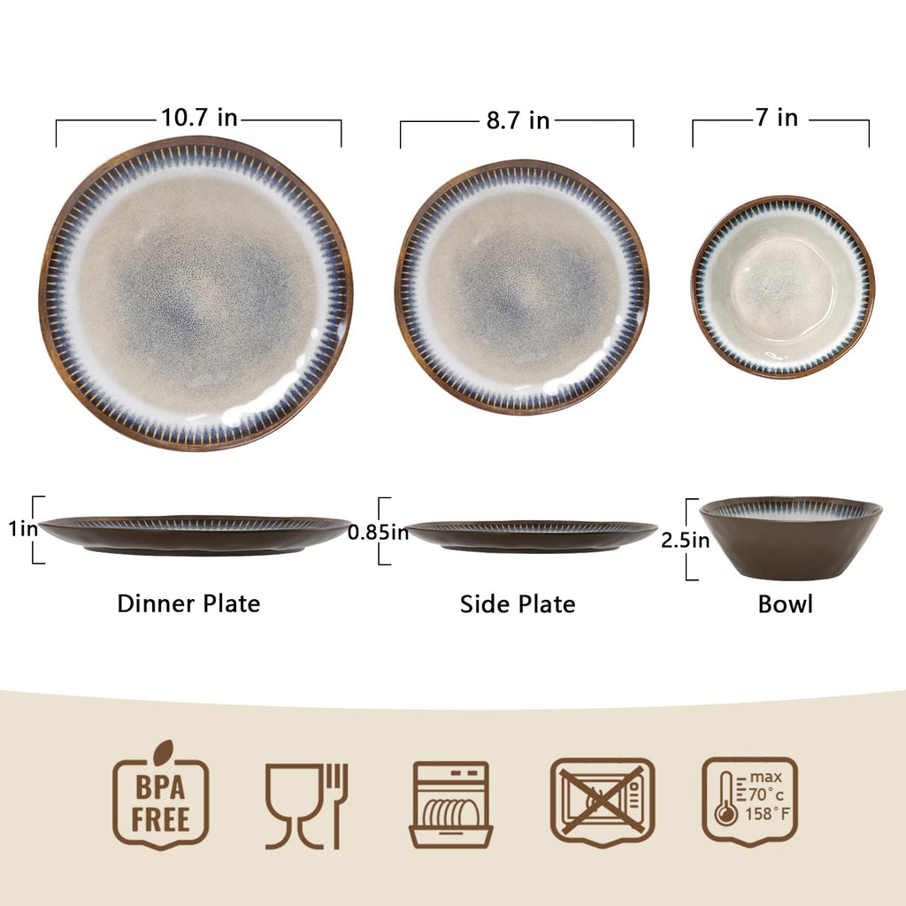 Gufaith Melamine Dinnerware Set, 12 Pcs Dishware Sets, Plate and Bowl Set Service for 4, Lightweight and Unbreakable Dinnerware Sets for Camping, Great for RV, Dishwasher Safe, Sahara Beige and Blue
