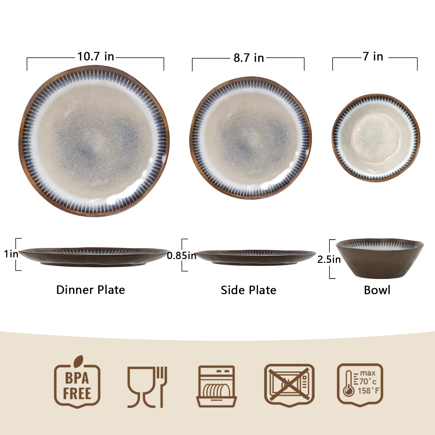 Gufaith Melamine Dinnerware Set, 12 Pcs Dishware Sets, Plate and Bowl Set Service for 4, Lightweight and Unbreakable Dinnerware Sets for Camping, Great for RV, Dishwasher Safe, Sahara Beige and Blue