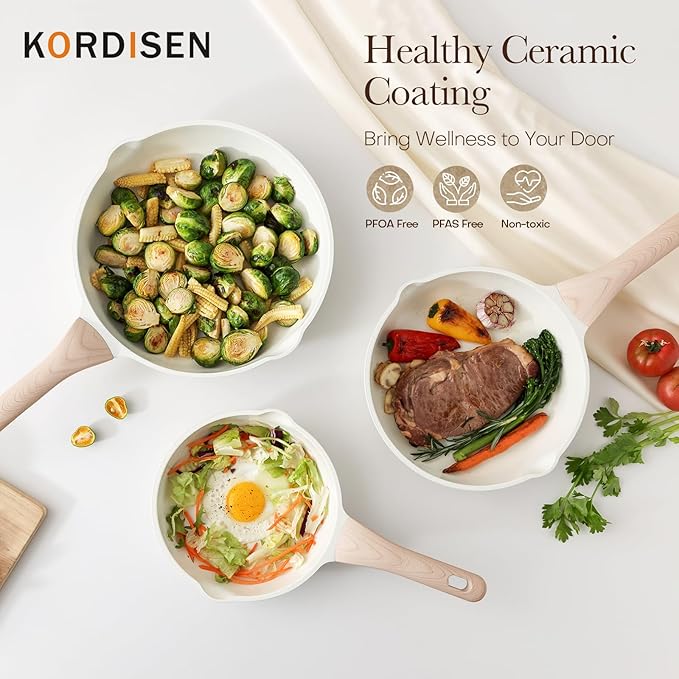 Kordisen Nonstick Ceramic Frying Pan with Lid, 11 Inch Ceramic Skillet with Lid, Healthy Non Toxic Cooking Pan, Stay-Cool Handle, Induction Compatible, PFOA & PFAS Free, White