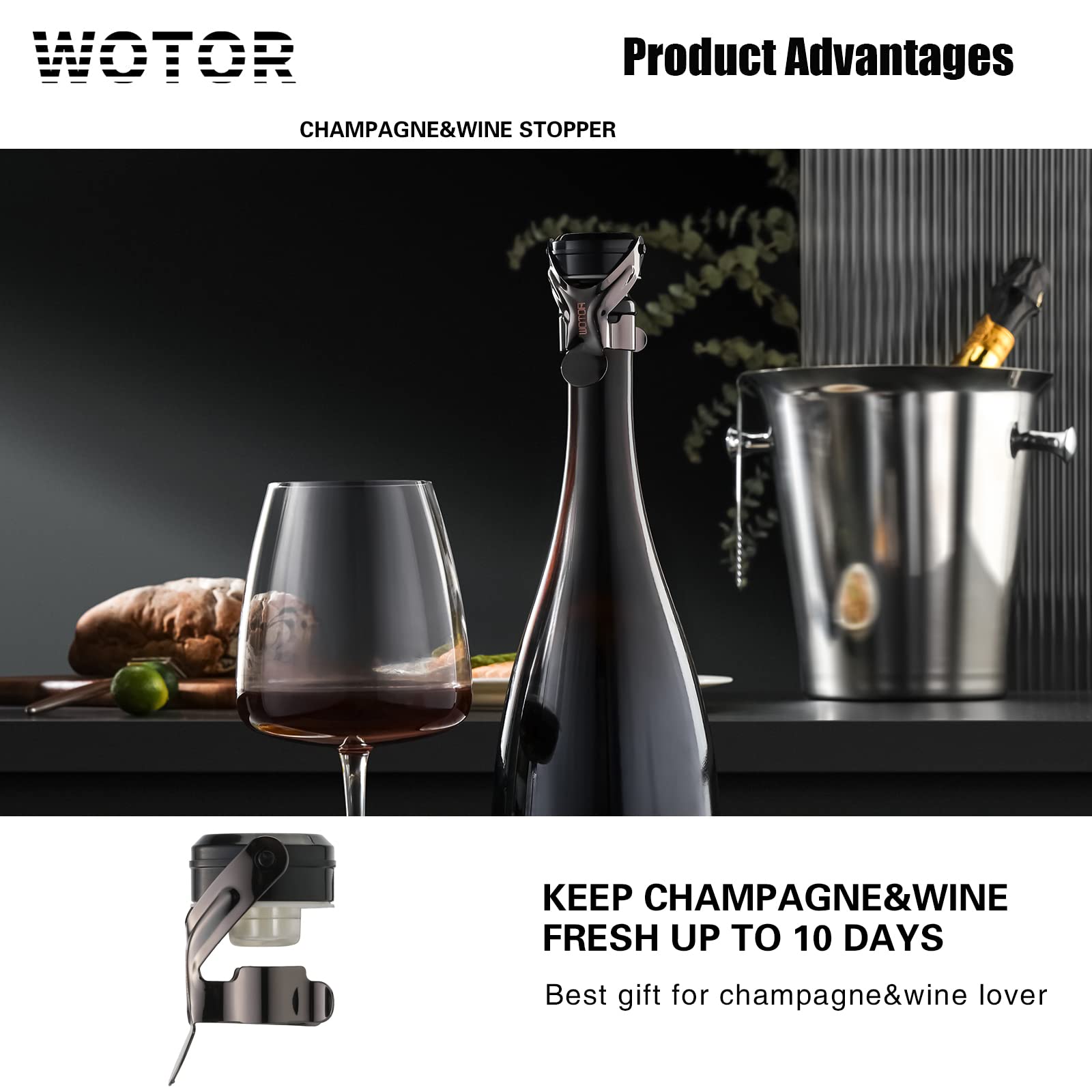 WOTOR Champagne&Wine Bottle Stoppers Stainless Steel with Food Grade Silicone, Leak Proof Keep Fresh Reusable Saver, Cork Suitable for Wine, Champagne, Cava, Prosecco and Sparkling (12 Pack Black）