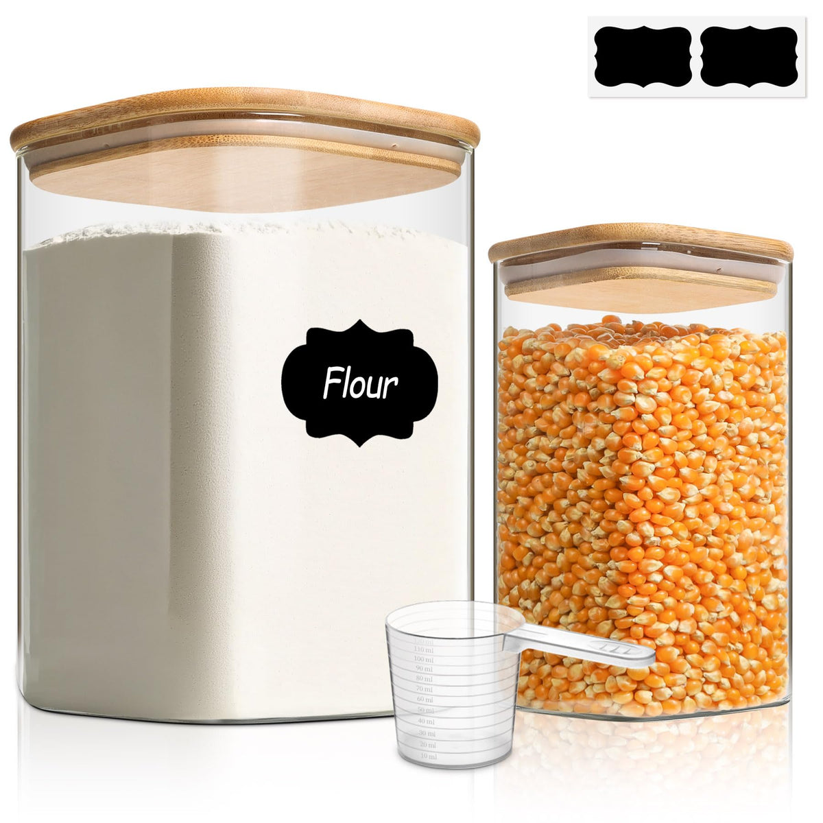 ComSaf Glass Storage Jars with Bamboo Lids 3.6 Qt Large Pantry Square