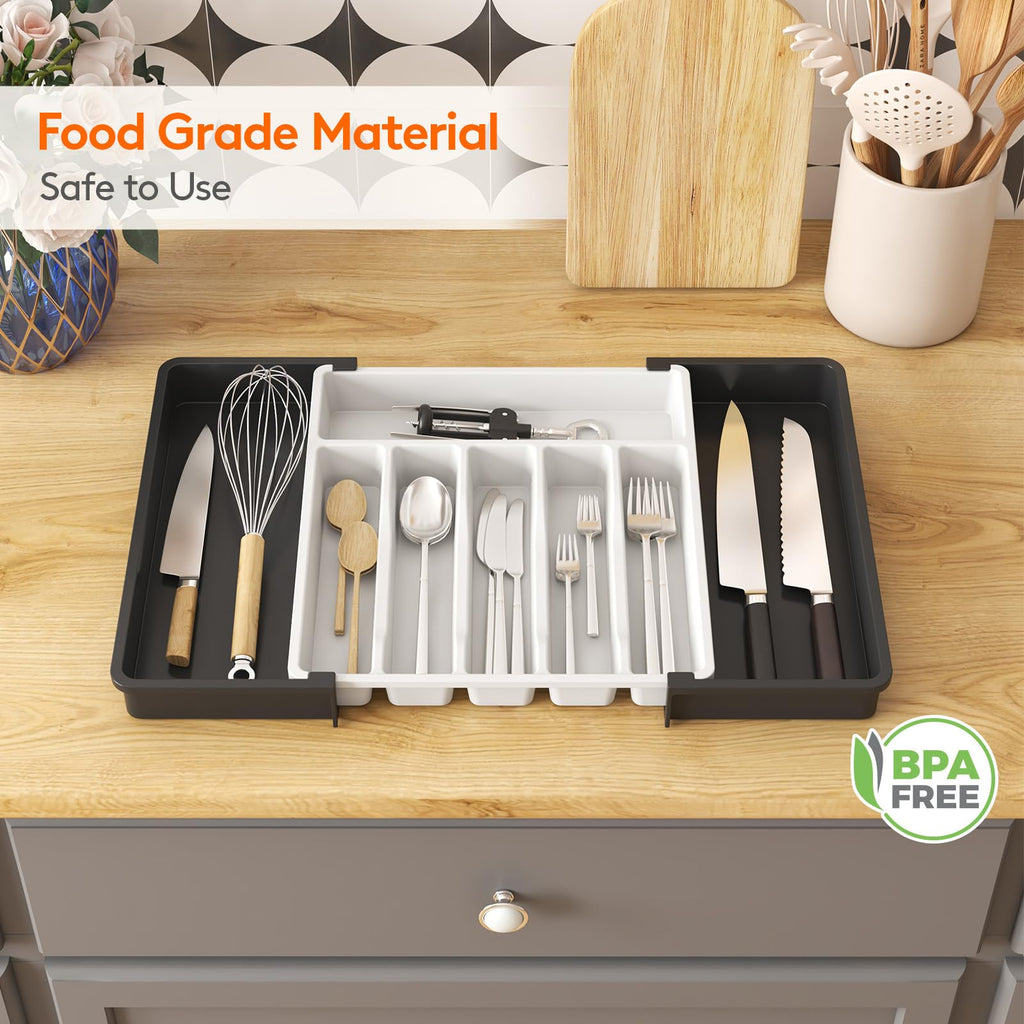 Lifewit Extra Large Silverware Drawer Organizer, Expandable Utensil Tray for Kitchen, BPA Free Flatware Cutlery Holder, Adjustable Plastic Storage for Spoons Forks Knives, 13-22 x 15, White&Black