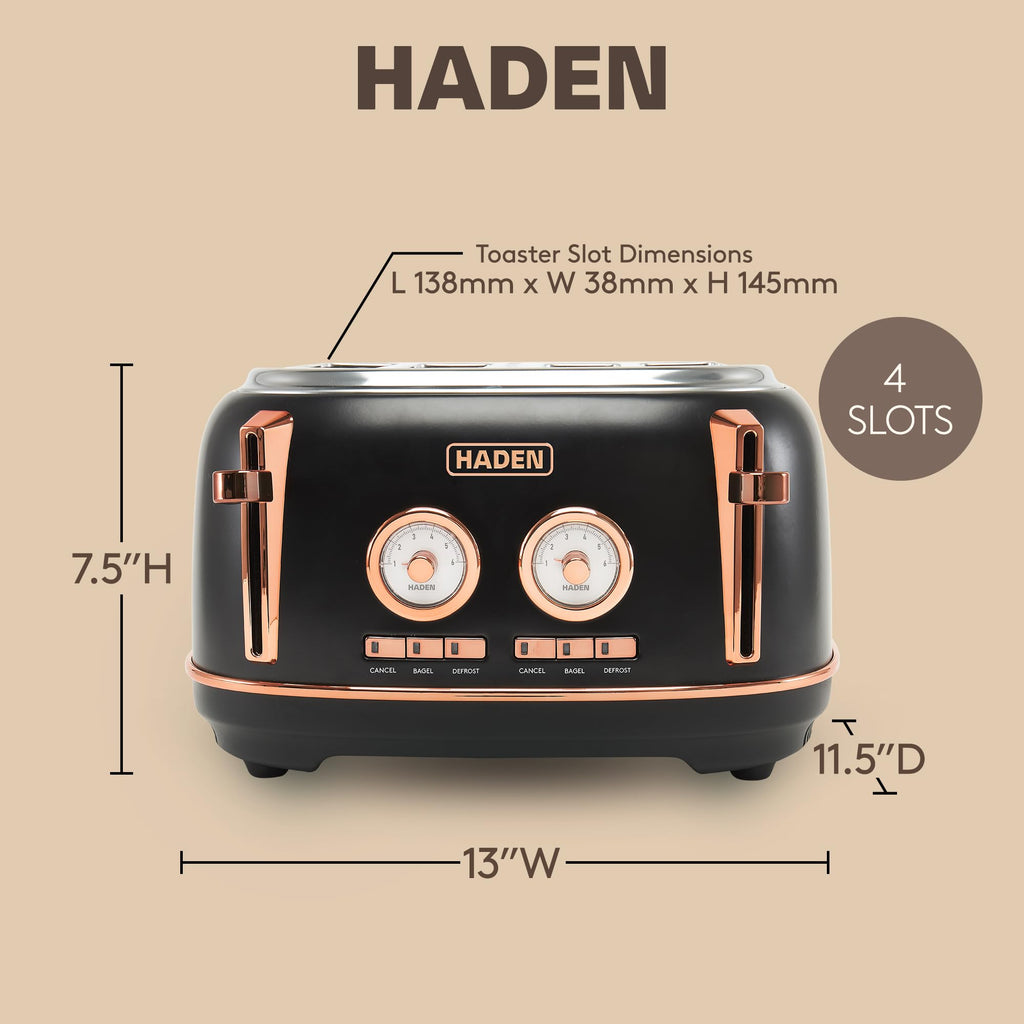 Haden Dorset 4 Slice Wide Slot Stainless Steel Toaster with Adjustable Browning Control & Non-Slip Feet, Black & Copper
