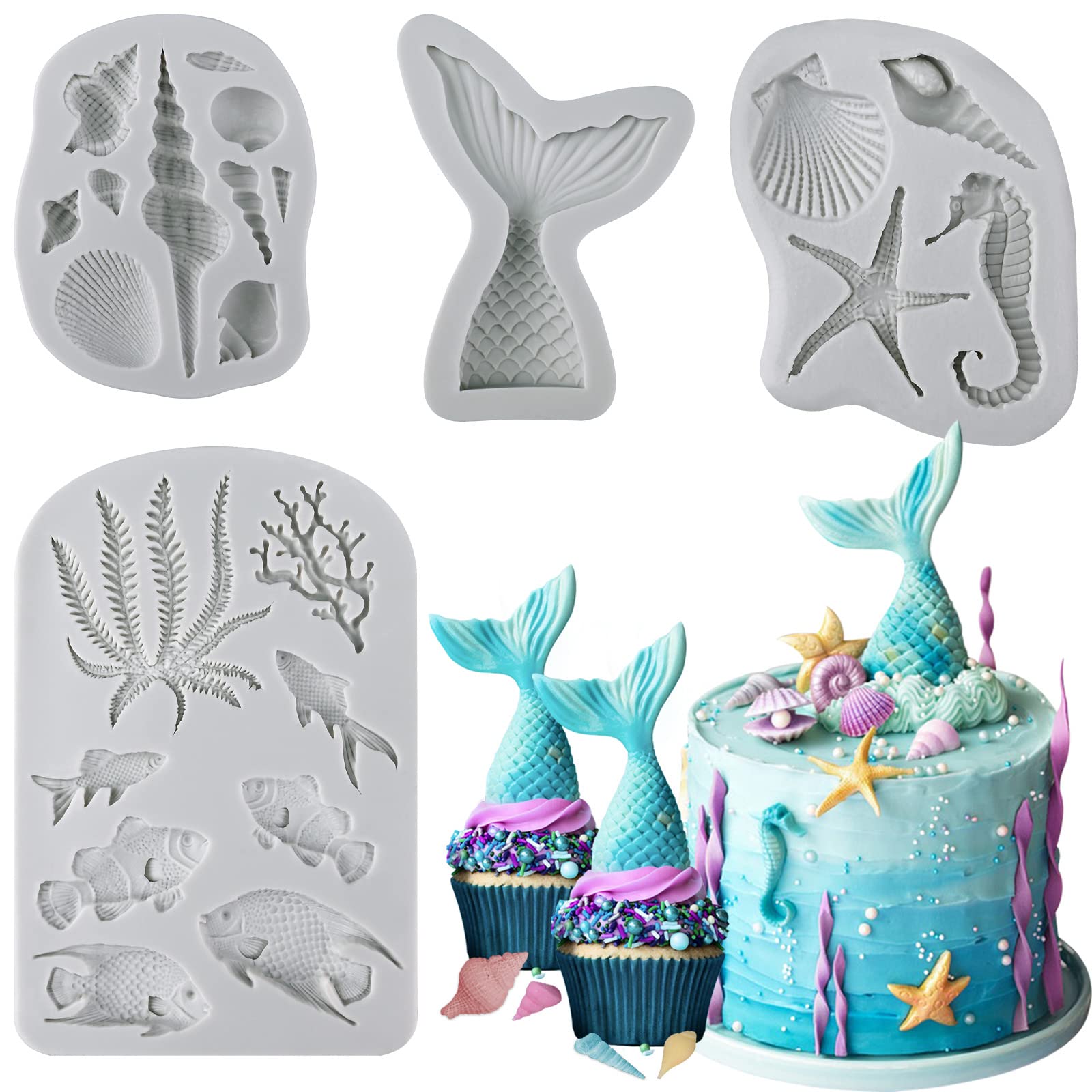 Sakolla 4 Pcs Marine Theme Silicone Fondant Molds, Mermaid Tail Seashell Conch Starfish Shape Silicone Molds for Cake Decoration, Chocolate, clay, Crafting