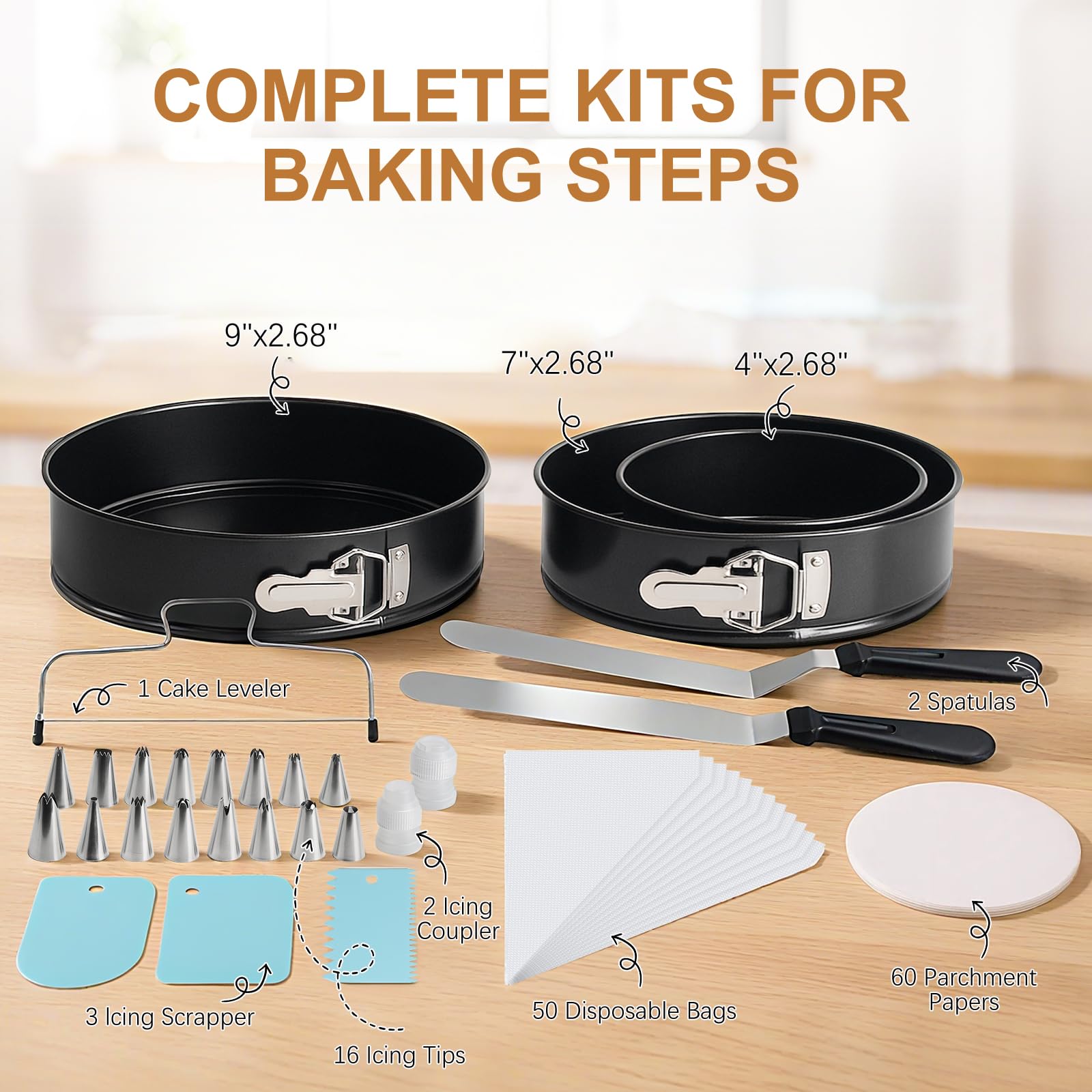 WERTIOO 138pcs Springform Cake Pan Sets for Baking with Cake Decorating Kit, 3 Round Non-Stick Springform Pan Set (4, 7, 9 inches), Leak-Proof Cheesecake Pan with Icing Tips, Cake Leveler & eBook