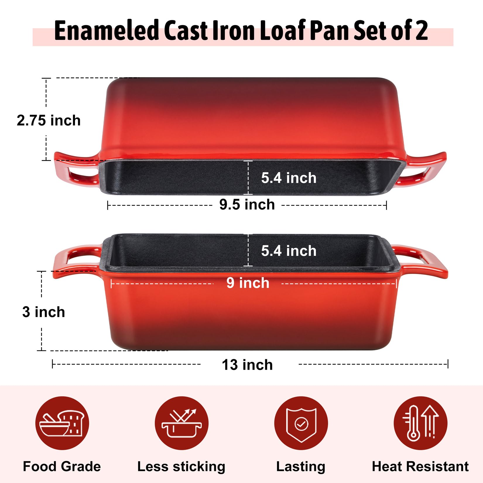 P&P CHEF 2-In-1 9 x 5 Inch Cast Iron Loaf Pan with Lid, Red