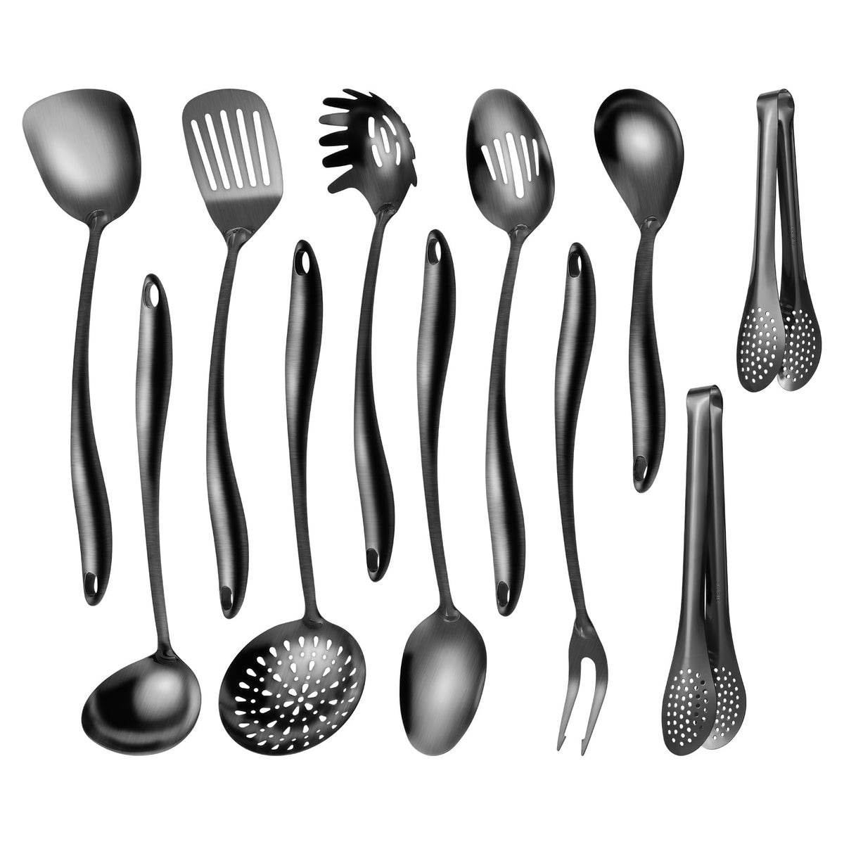 304 Stainless Steel Kitchen Utensils Set, 6 Pcs Long Metal Cooking Utensil with Spatula, Solid Spoon, Ladle, Skimmer, Spaghetti Spoon, Meat Fork, Dishwasher Safe