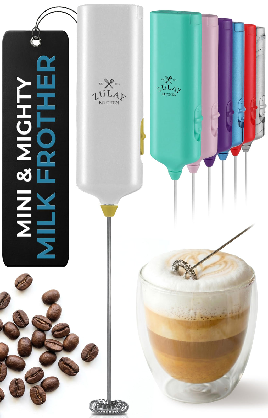Zulay Powerful Milk Frother for Coffee with Upgraded Titanium Motor - Handheld Electric Whisk, Milk Foamer, Mini Mixer & Coffee Blender for Frappe, Latte, Matcha, No Stand - Pristine Teal
