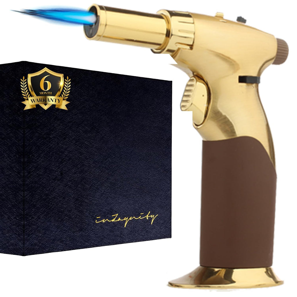 inZaynity® Dual Flame Butane Torch Lighter – Refillable Kitchen Torch with Adjustable Flame & Ignition Lock for Cooking, Crème Brûlée, Soldering, Resin Art & More – Brown Steel