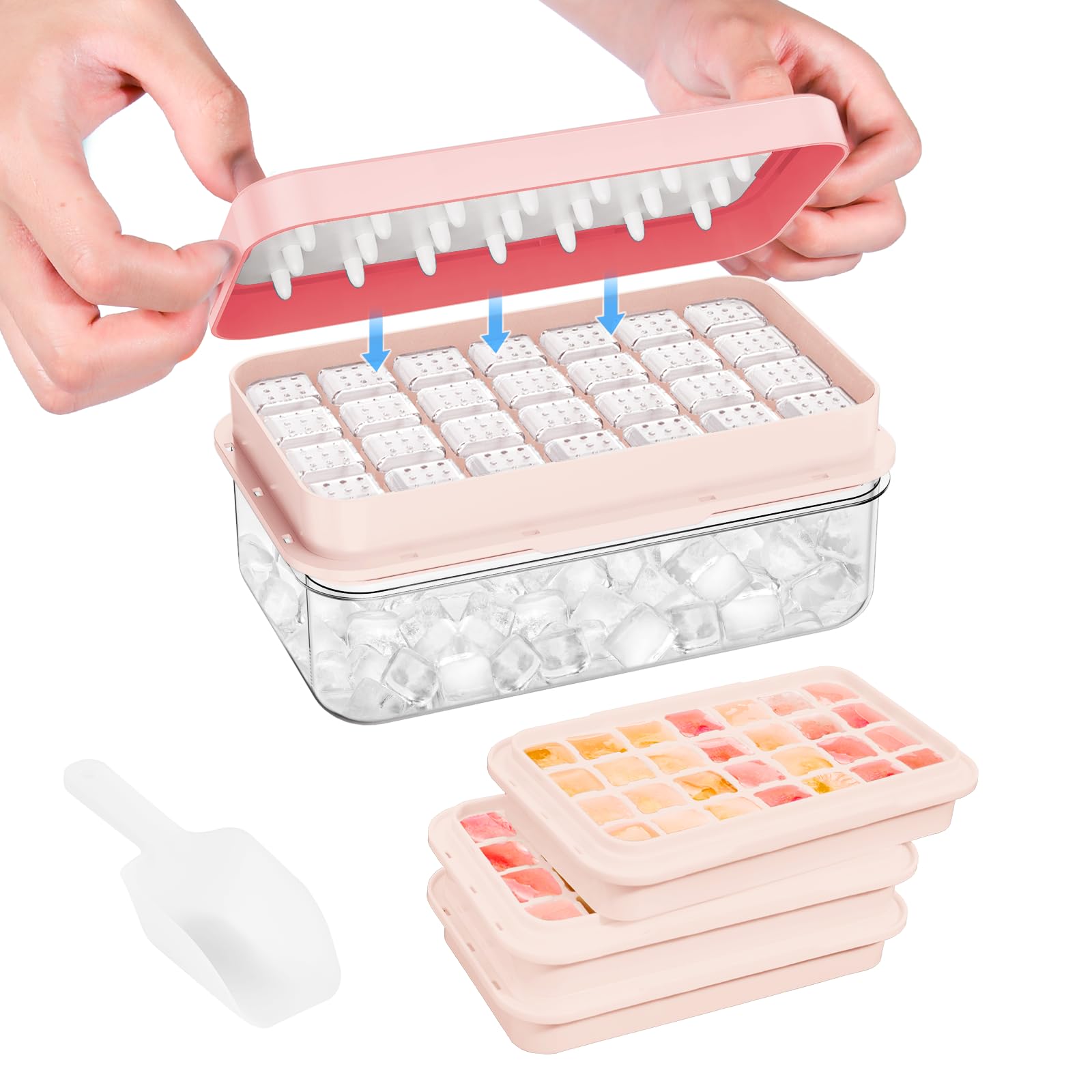 0.8“ Ice Cube Tray with Lid and Bin, PHINOX 84 Cubes Ice Trays for Freezer, Ice Cube Trays for Freezer with 3 trays, Container, Lid & Ice Scoop, BPA Free, Pink(28Cubes/Tier)