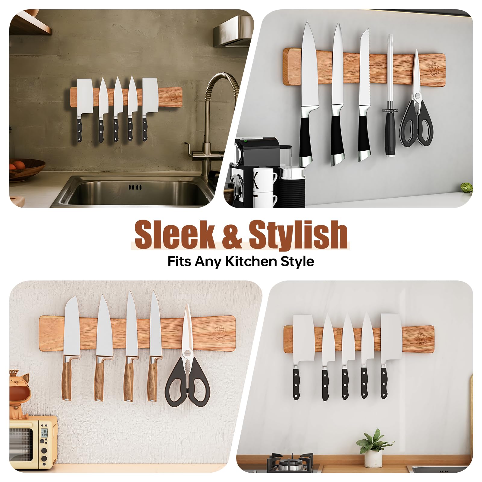 KORELION WOOD Magnetic Knife Strip, 16 Inch Oak Magnetic Knife Holder for Wall with N52 Super Strong Magnets, Premium Wooden Knife Magnetic Strip Organizer for Kitchen Knives, Tools,No Drilling
