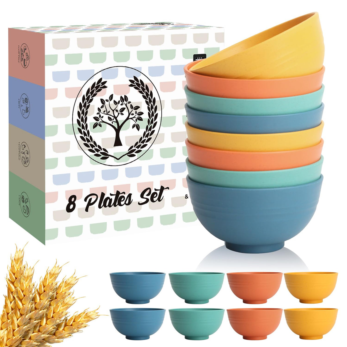 Homienly Soup Bowls, Cereal Bowl, Premium Wheat Straw Bowls Set of 8, Unbreakable Plastic Bowls Microwave Safe, Dishwasher Safe Serving Bowl for Kitchen, Breakfast, Dinner, Salad, Poke (Blue, 26 OZ)