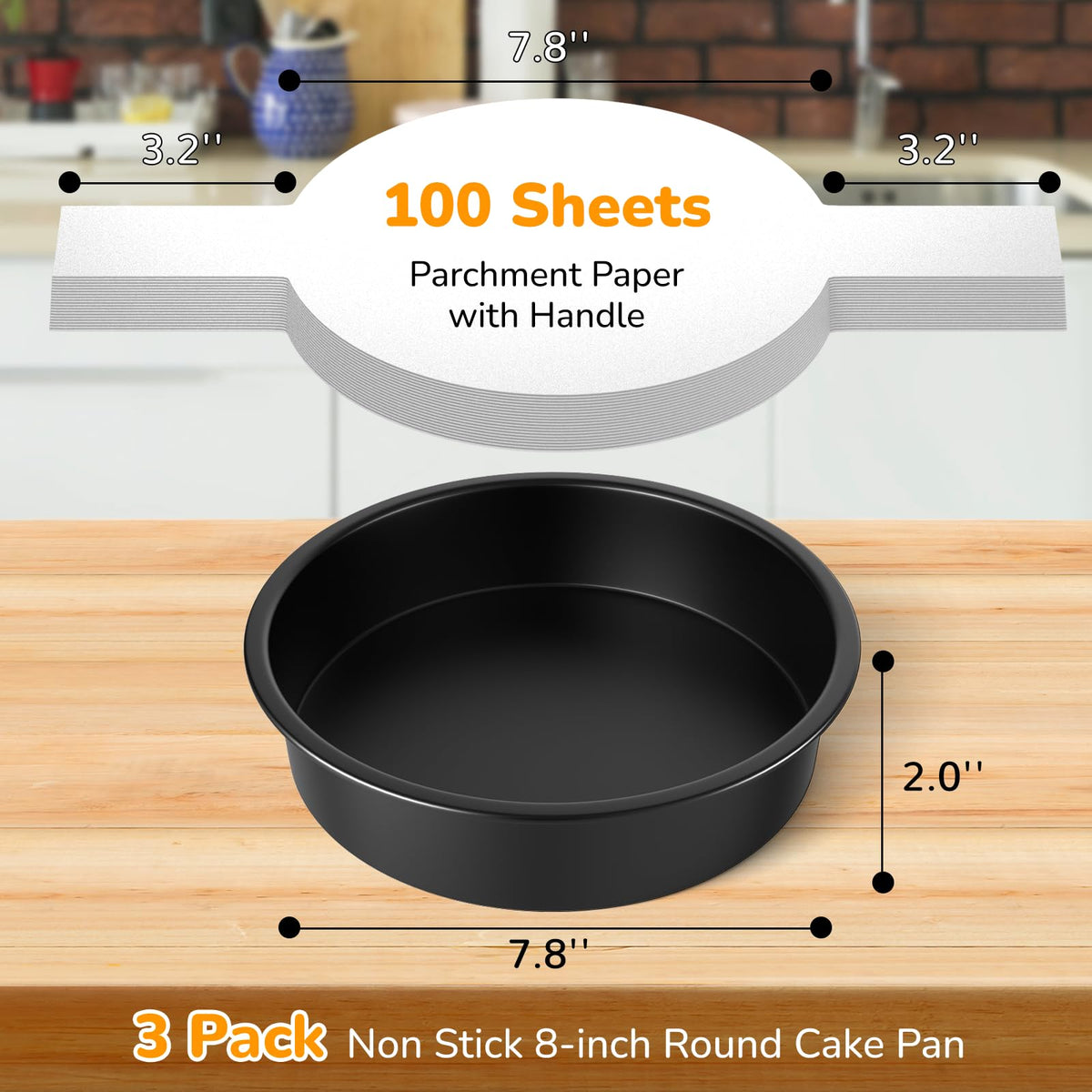 AltarreT 8 Inch Round Cake Pan Set of 3, Nonstick Baking Pans with 100PCS Parchment Paper, Dishwasher Safe