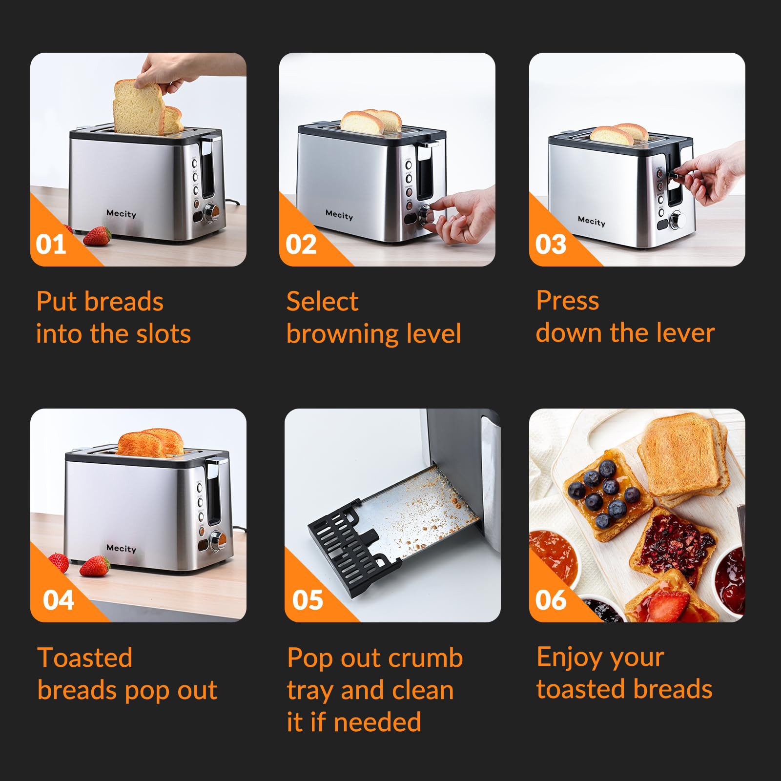 Mecity Toaster 2 Slice Stainless Steel Body, Timer, Bagel, Defrost, Reheat, Cancel Functions, Warming Rack, Removable Tray, 6 Browning Settings, Extra Wide Slots, Bread Toaster 800W