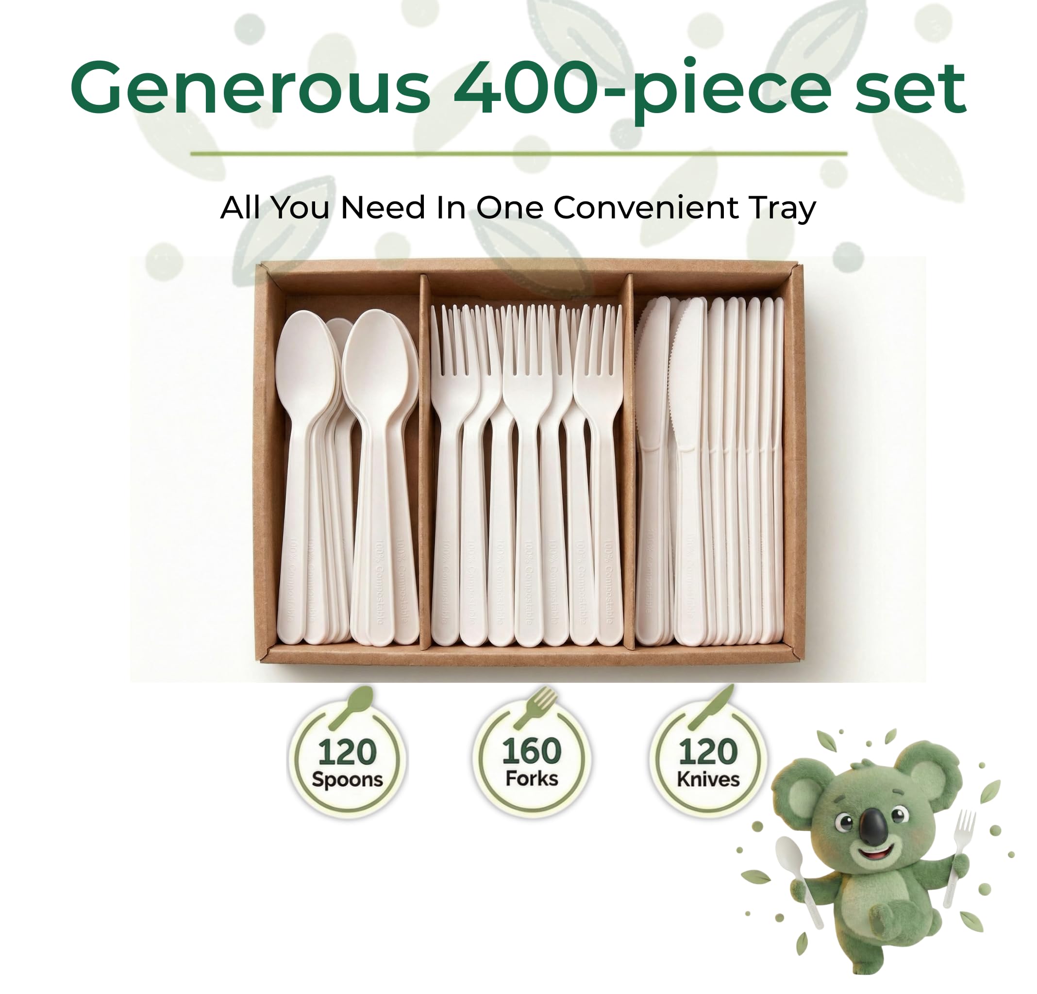 100% Compostable Forks Spoons Knives Cutlery 400 Count 7Inch Heat Resistant Eco Friendly Disposable Cutlery Biodegradable Silverware Alternative to Plastic Compostable Utensils Bulk In Convenient Tray