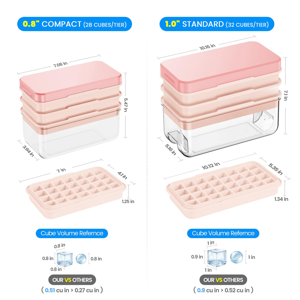 0.8“ Ice Cube Tray with Lid and Bin, PHINOX 84 Cubes Ice Trays for Freezer, Ice Cube Trays for Freezer with 3 trays, Container, Lid & Ice Scoop, BPA Free, Pink(28Cubes/Tier)