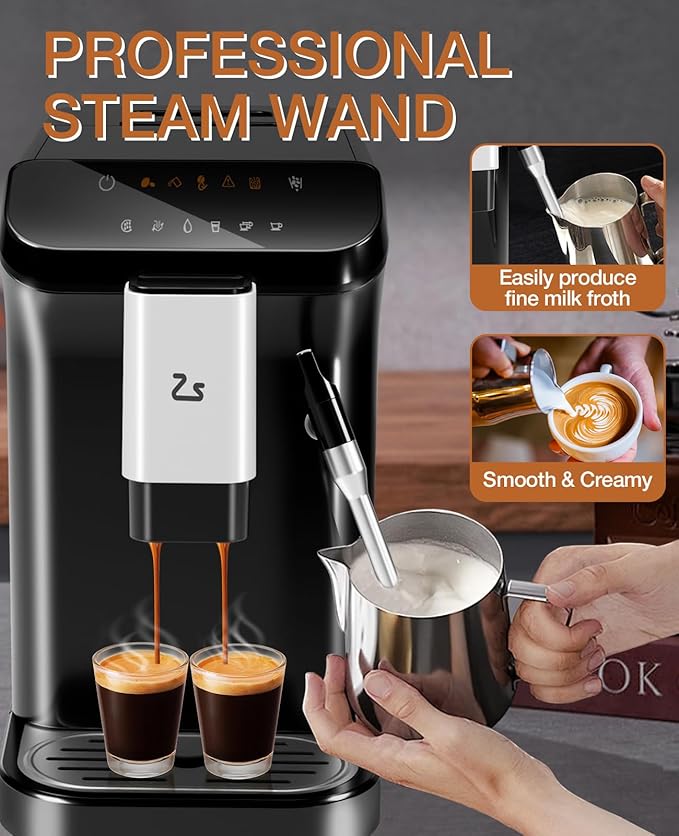 IDEALHOUSE Fully Automatic Espresso Machine with Grinder and Milk Frother, Touchscreen Coffee Maker, 20 Bar Pressure, 1.5L Water Tank, One-Touch Latte and Cappuccino