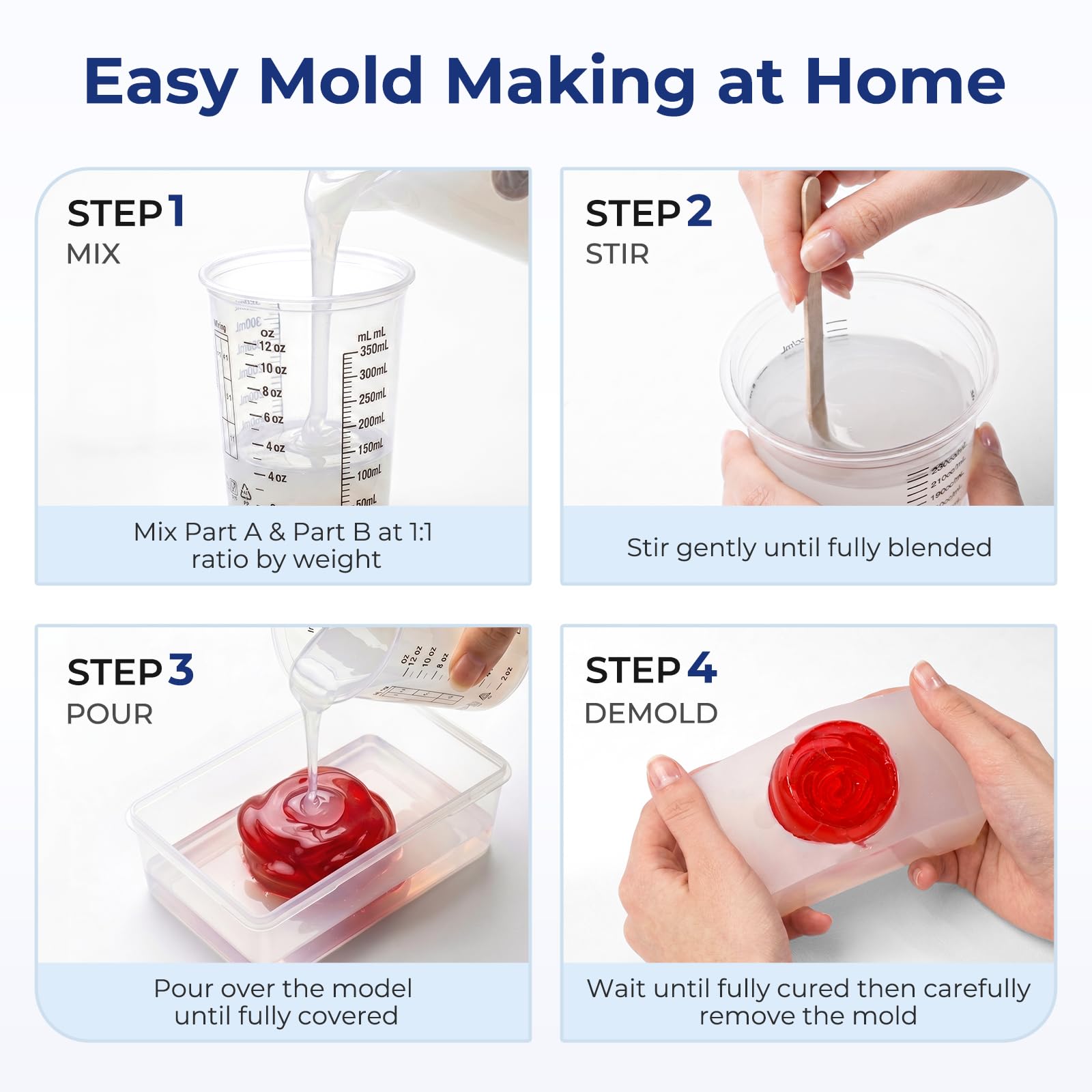 Nicpro 250oz Silicone Mold Making Kit, 15A Platinum Liquid Silicones Rubber, Flexible Silicone Molds Maker Mix Ratio 1:1 for Casting 3D Resins Candle Soap Molds DIY with Gloves, Sticks, Mixing Cups