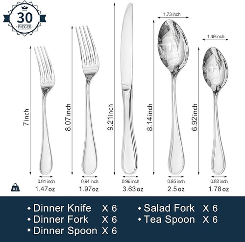 18/10 Stainless Steel Silverware Set for 6, 30 Piece Teardrop Flatware Set