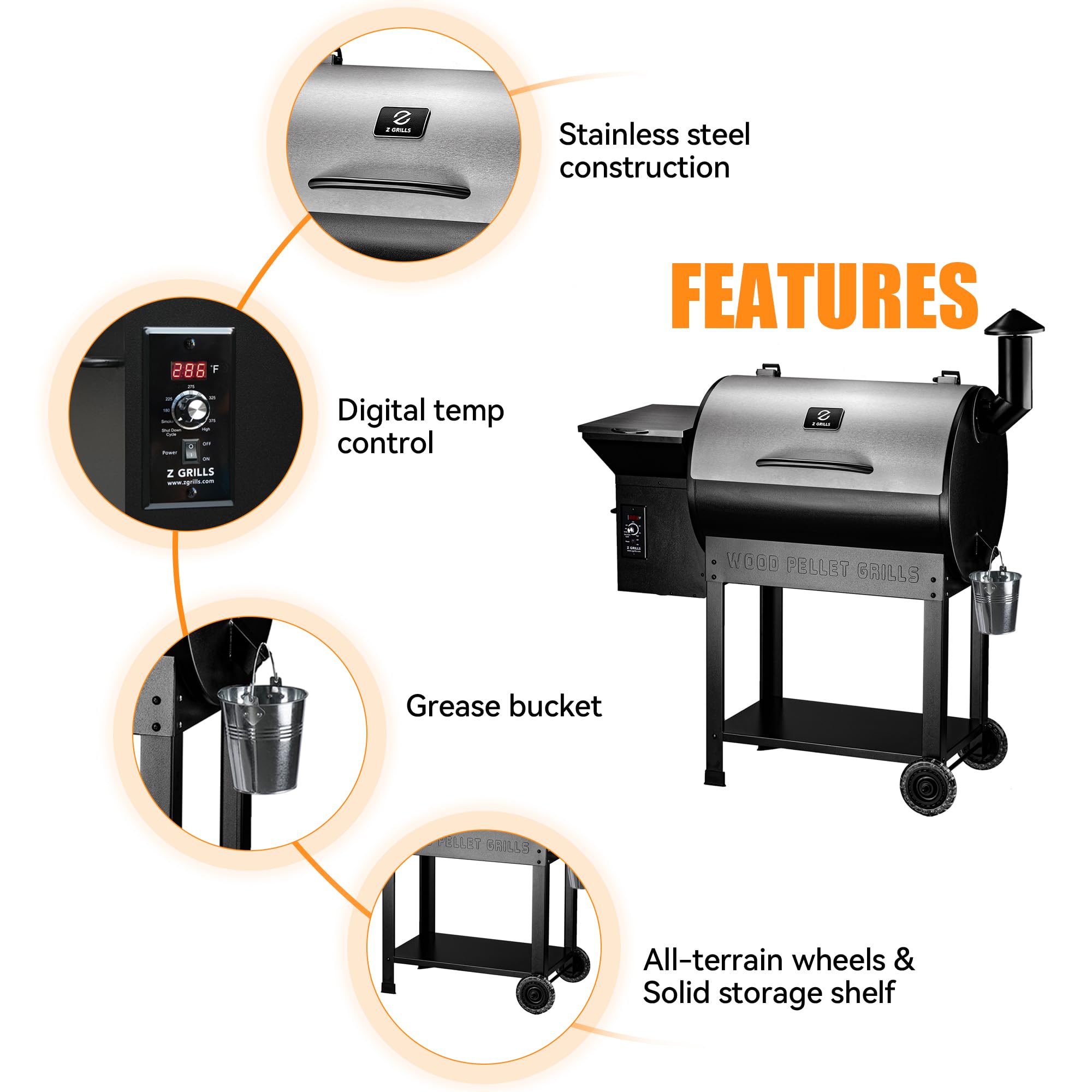 Z GRILLS Wood Pellet Smoker Grill, 8 in 1 BBQ Grill with Auto Temperature Control, 697 sq in Cooking Area for Backyard, Patio and Outdoor Cooking, 7002E, Sliver