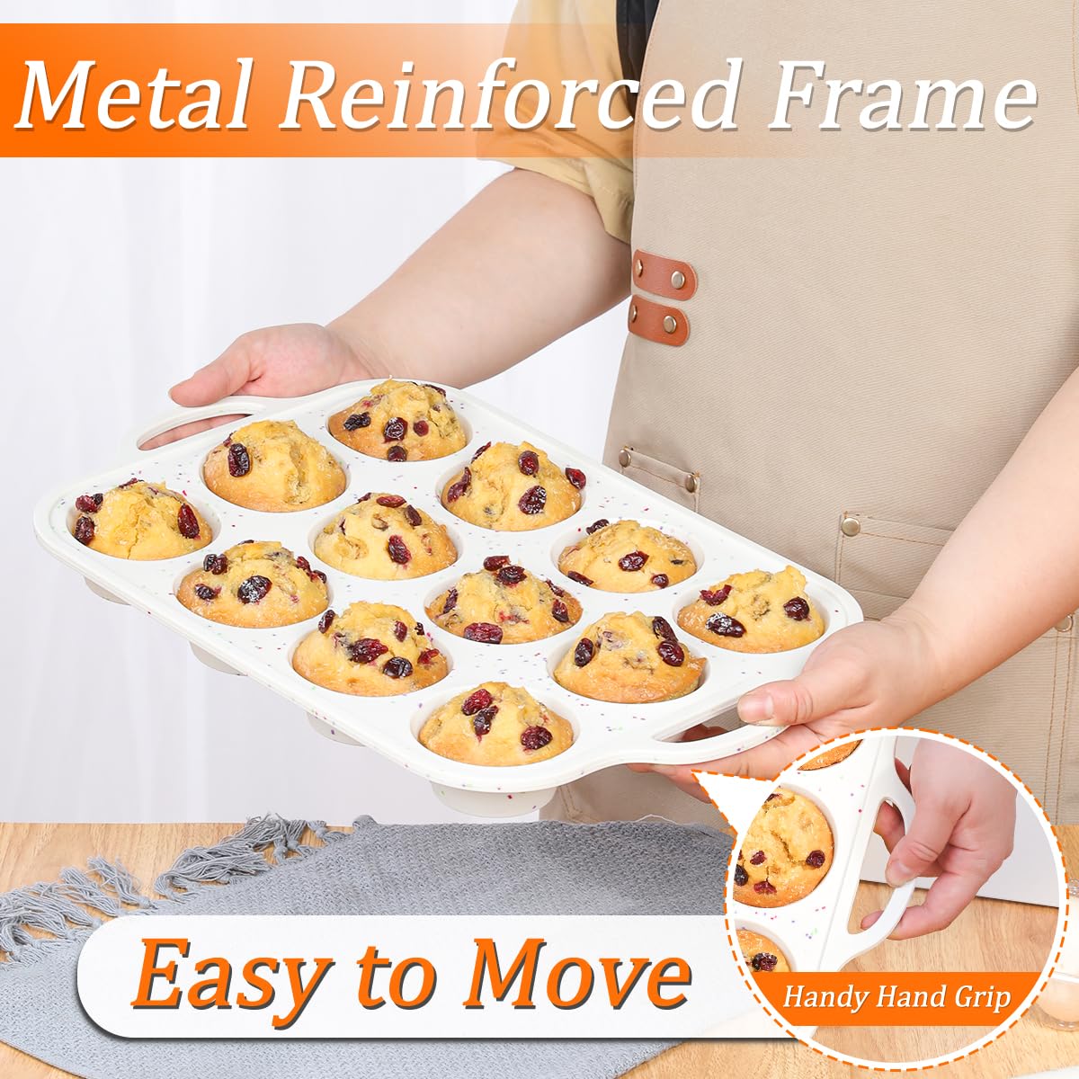 CAKETIME Silicone Muffin Pans for Baking, Metal Reinforced Frame Regular 12 Cups & Mini 24 Cups Cupcake Pan Set Nonstick Muffin Pan for Homemade Baking Easy to Handle