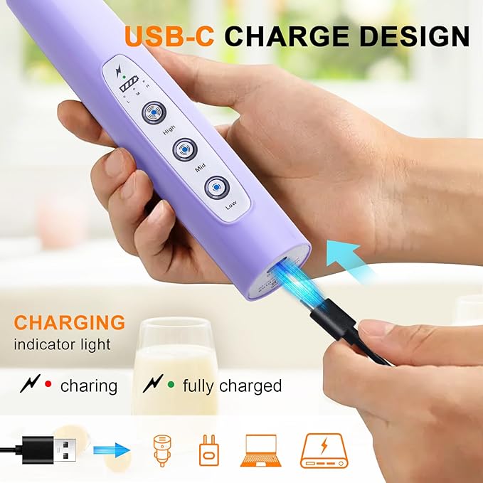YUSWKO Handheld Milk Frother Wand for Coffee, Rechargeable Electric Whisk with 3 Heads 3 Speeds Drink Mixer Coffee Frother For Latte, Cappuccino, Hot Chocolate, Egg, Light Purple with Holder