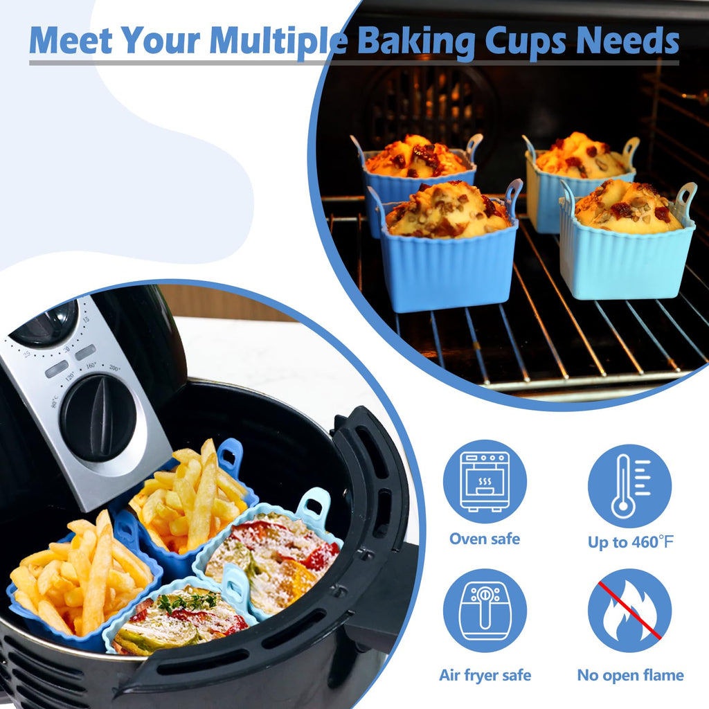 Koluti Nonstick Silicone Egg Bites Baking Mold Pack of 4, Reusable Muffin Cupcake with Double Handle, BPA Free, Small Rectangle Air Fryer Cupcakes Liner, 2 Colors