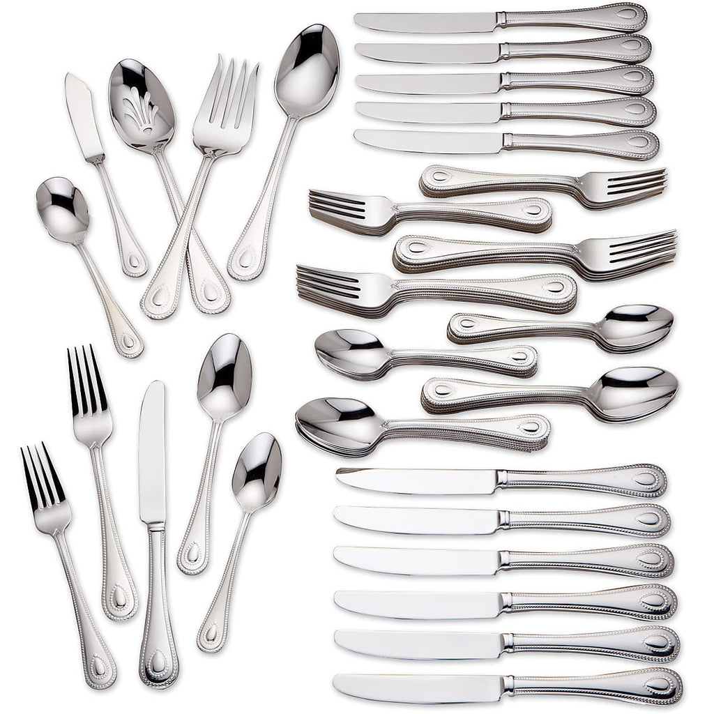 Lenox Silverware Set For 12, French Perle 65-Piece Flatware Set with Serving Utensils, Service For 12, Elegant 18/10 Stainless Steel Utensils with Beading, Knives Spoons & Forks (Silver, 65 Piece)