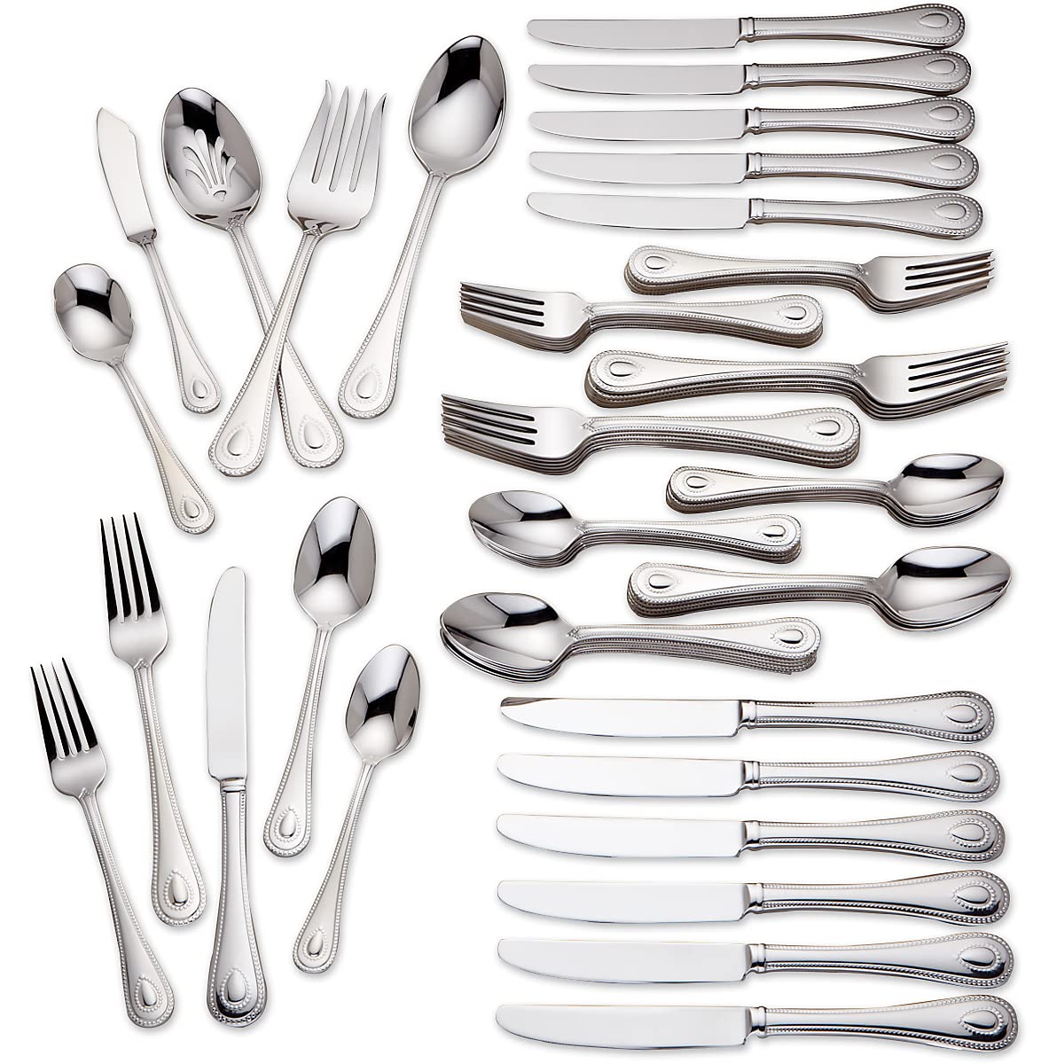 Lenox Silverware Set For 12, French Perle 65-Piece Flatware Set with Serving Utensils, Service For 12, Elegant 18/10 Stainless Steel Utensils with Beading, Knives Spoons & Forks (Silver, 65 Piece)