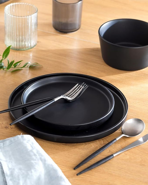 16 Piece Black Dinnerware Set for 4 | Matte Black Plates and Bowls Sets, Modern Stoneware Black Dishes Set | Scratch Resistant, Dishwasher & Microwave Safe | Matte Black Finish Ultra-Chic & Modern