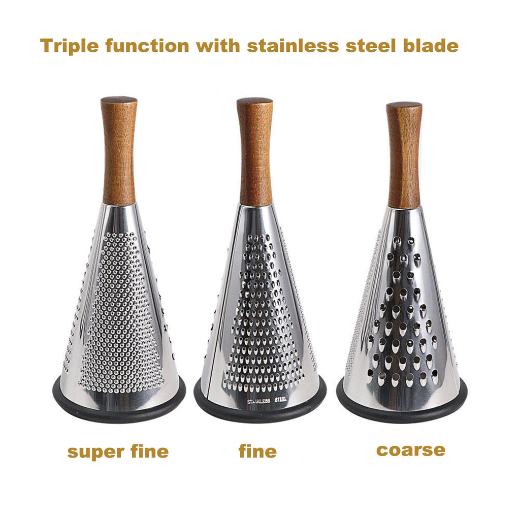 Cone Cheese Grater with Handle - Stainless Steel Triple Function Wood Handle Parmesan Shaver Non-Slip Rubber Bottom Hand Held Multifunction Vegetables Cheese Grater with container(XL:11.8" X 5.1")
