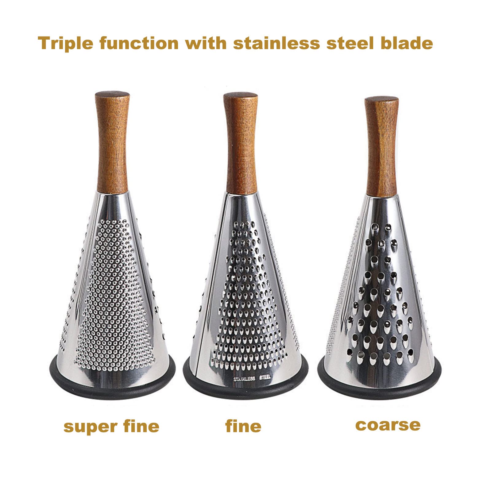 Cone Cheese Grater with Handle - Stainless Steel Triple Function Wood Handle Parmesan Shaver Non-Slip Rubber Bottom Hand Held Multifunction Vegetables Cheese Grater with container(XL:11.8" X 5.1")