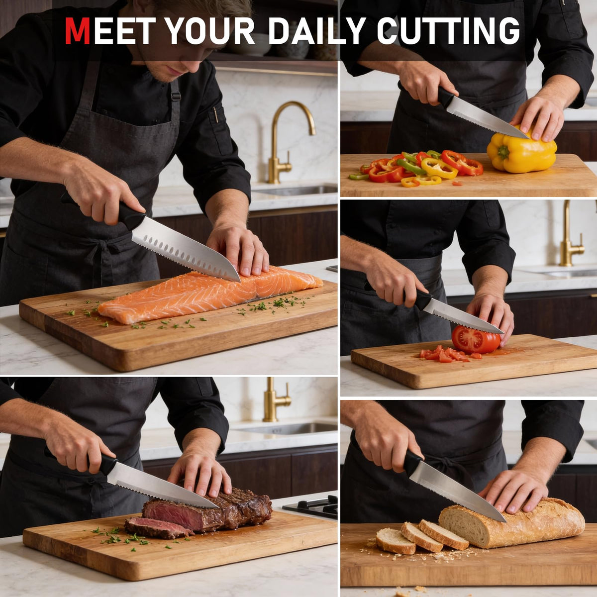 KOOMADE Knife Set With Block, Cutlery Essentials 23 PCS Kitchen Stainless Steel Knife Block Sets With Cutting Board, Shears, Paring, Utility, Santoku, Steak Knives, Dishwasher Safe Cutlery Block Set