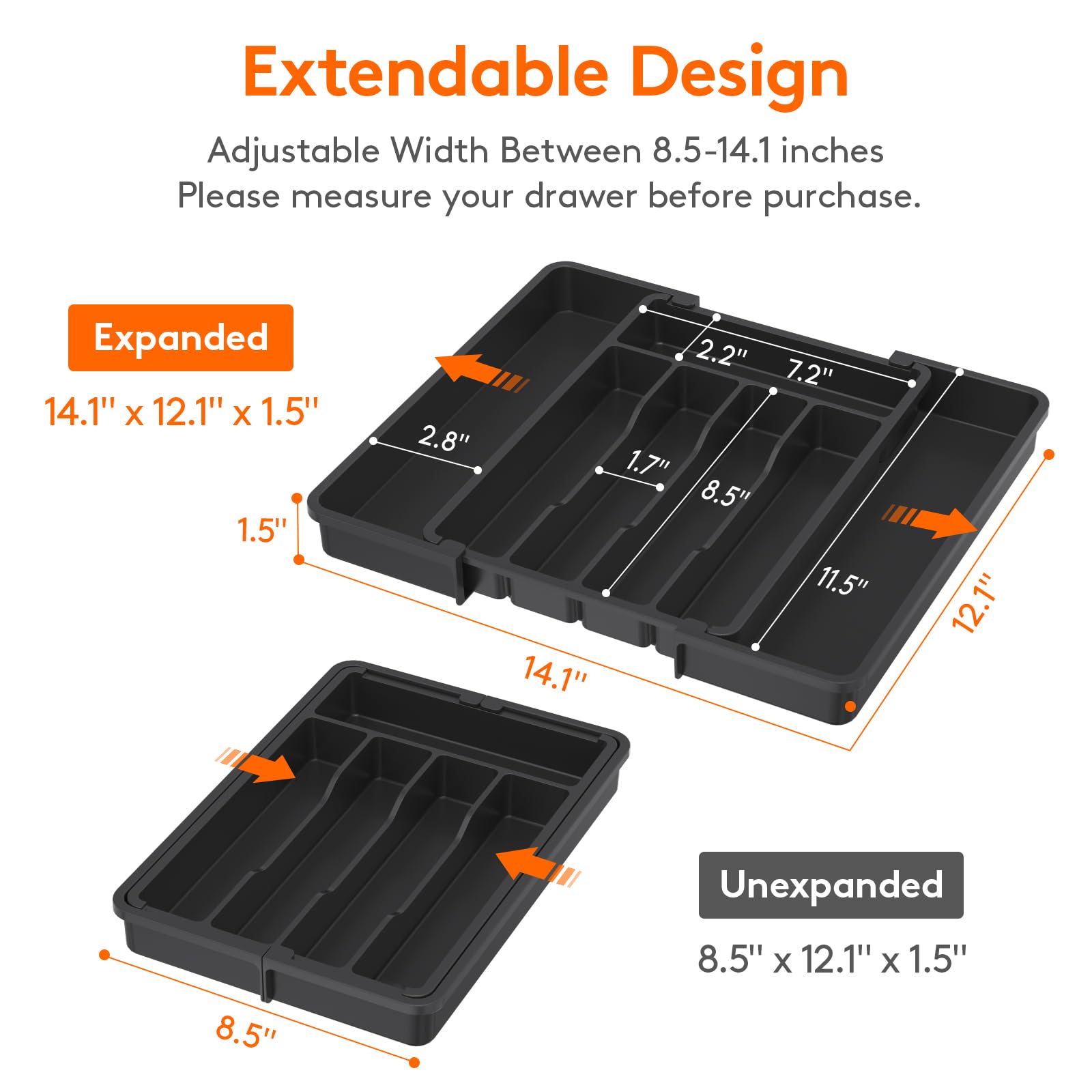 Lifewit Expandable Silverware Organizer, Plastic Utensil Tray for Kitchen Drawer, BPA Free Flatware Cutlery Holder, Space-Saving Storage for Spoons Forks Knives, 8-13.8 x 11.2 x 1.4 inch, Black