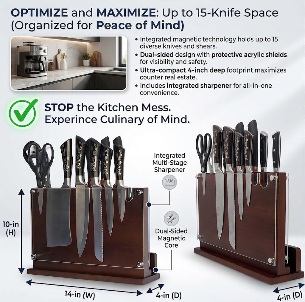 Magnetic Knife Block with Builtin Sharpener, Double Sided Magnet and Acrylic safety shield on both side for Kitchen Counter, Extra Large size 14'x10',Wood Magnetic Knife Holder,stand. Board.