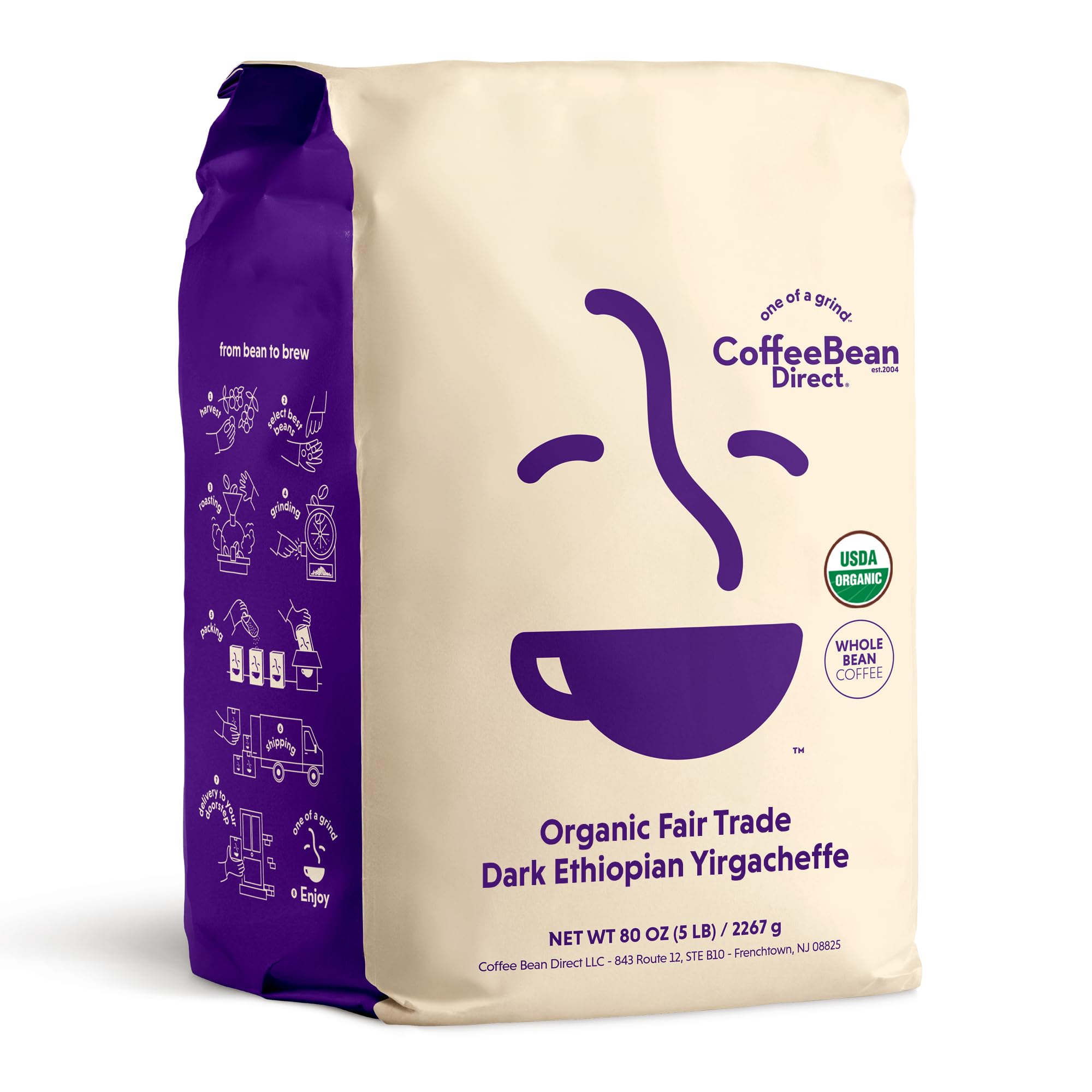 Coffee Bean Direct Organic Fair Trade Dark Ethiopian Yirgacheffe, 5lb Bag