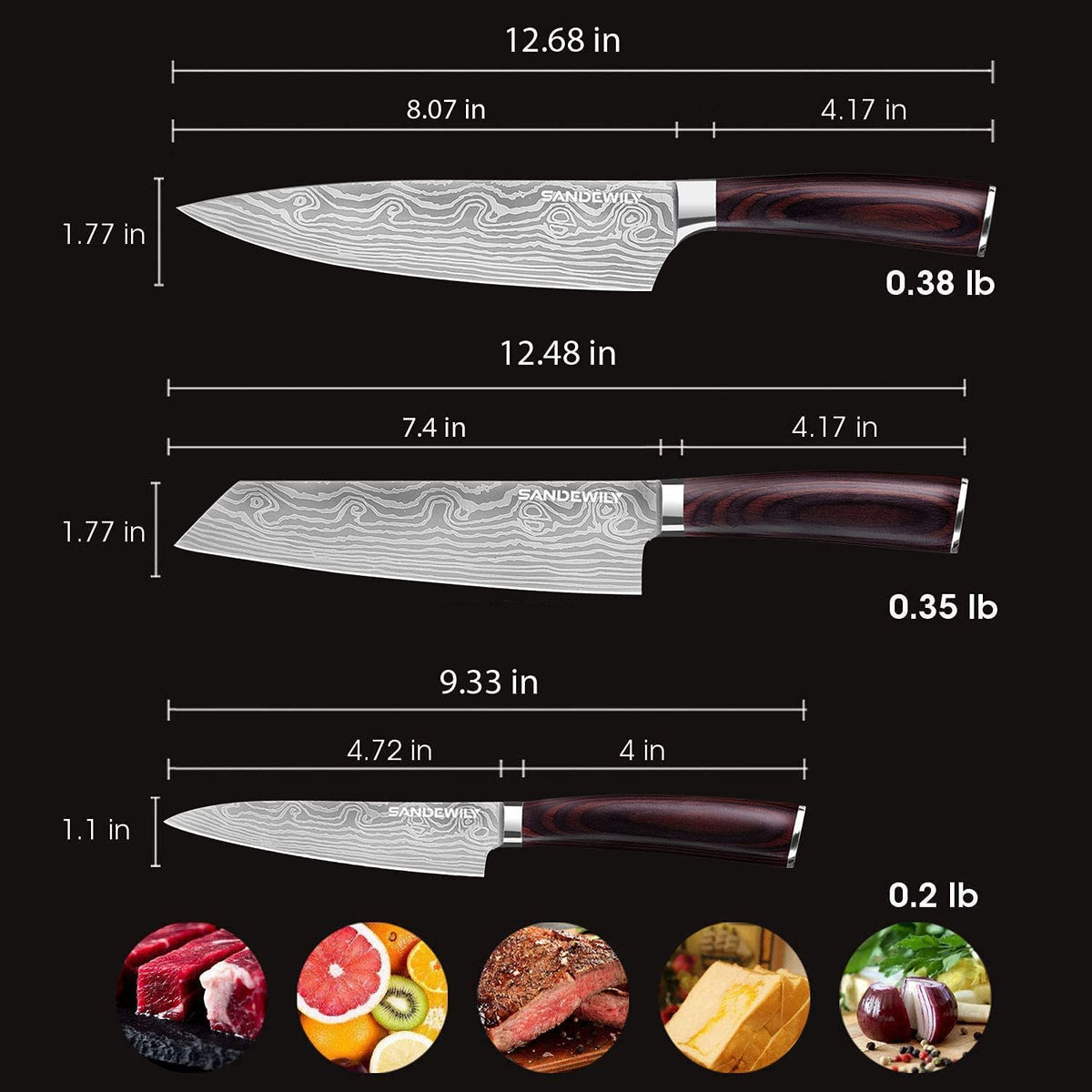 SANDEWILY Japanese Knife Set, 3 Piece Kitchen Knives with Sheaths