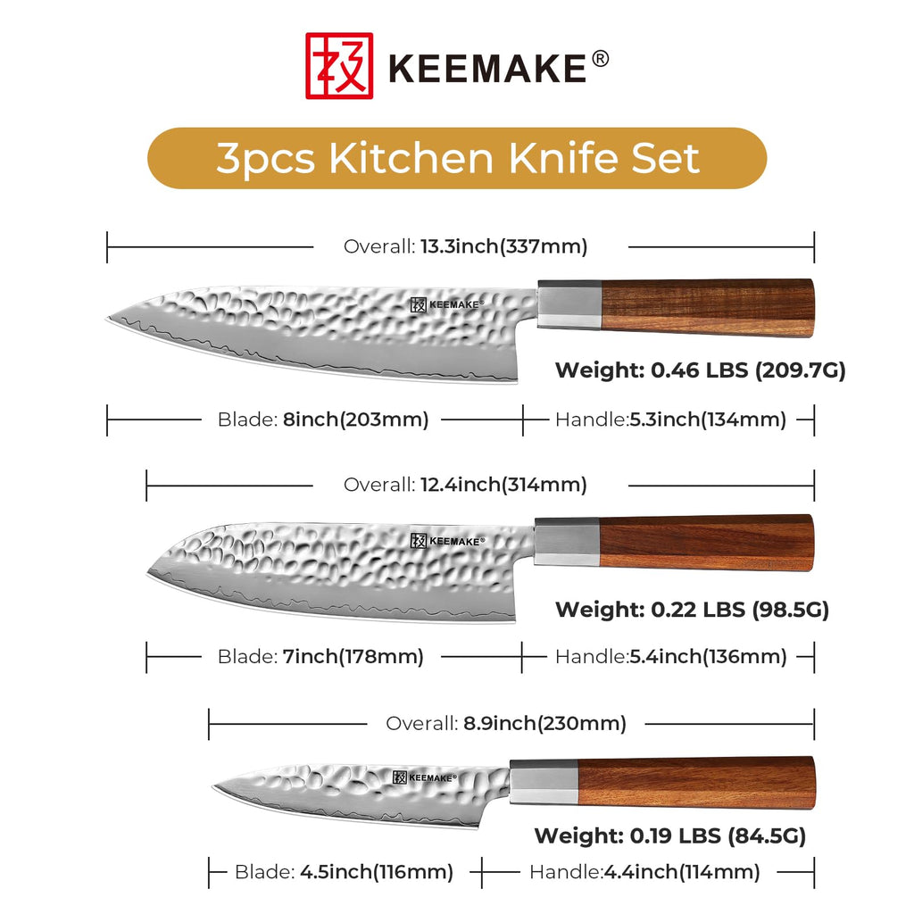 KEEMAKE Kitchen Knife Set 3-pcs - Chef Knife Set with 3-layer Japanese 9CR18MOV Clad Steel Blade, Sharp Knives Set for Kitchen with Octagon Rosewood Handle Kitchen Knives