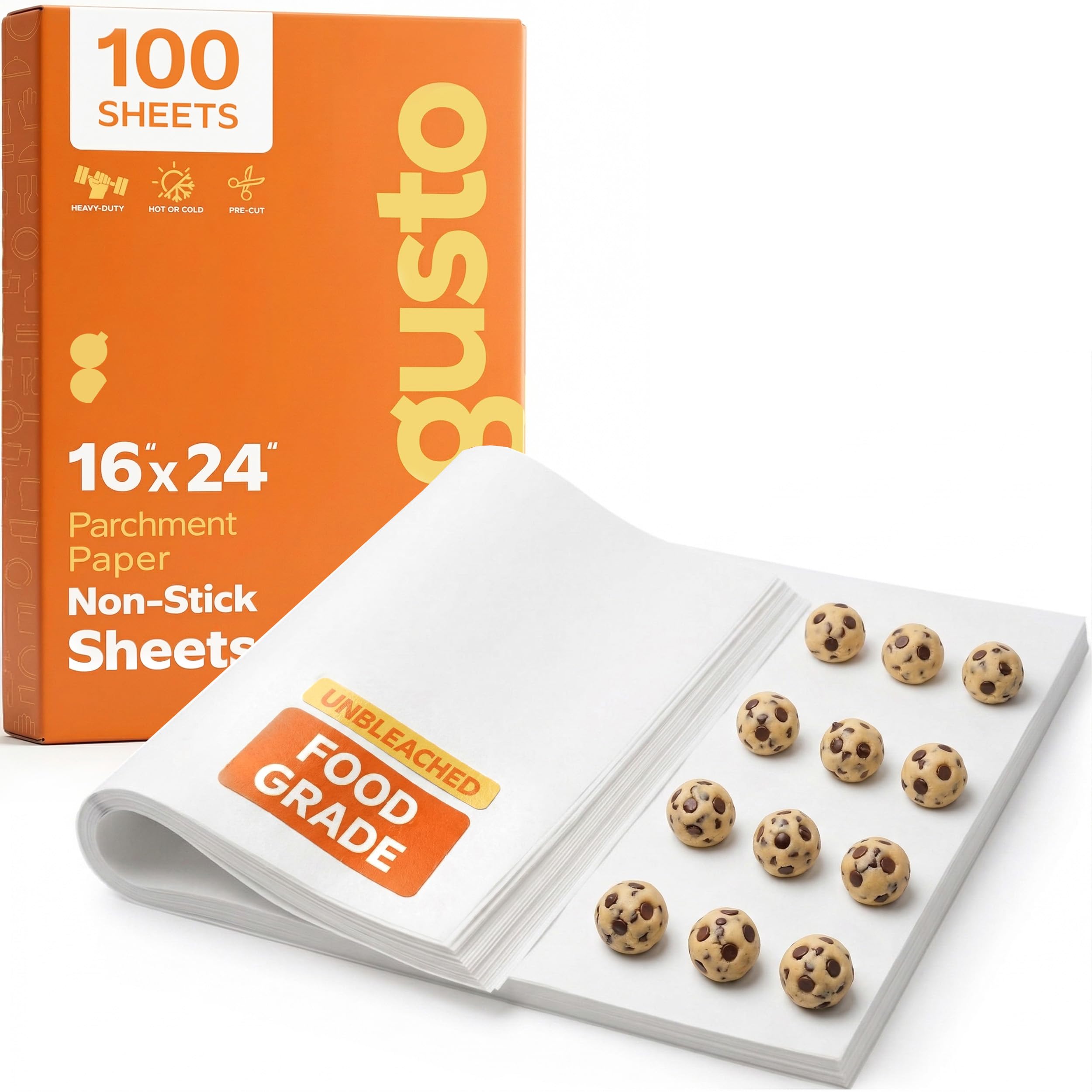 GUSTO [16 x 24 Inch - 100 Count] Pre-Cut Parchment Paper Baking Sheets, Non-Stick, Unbleached, Parchment Paper Sheets for Baking & Cooking - White - Formerly Comfy Package