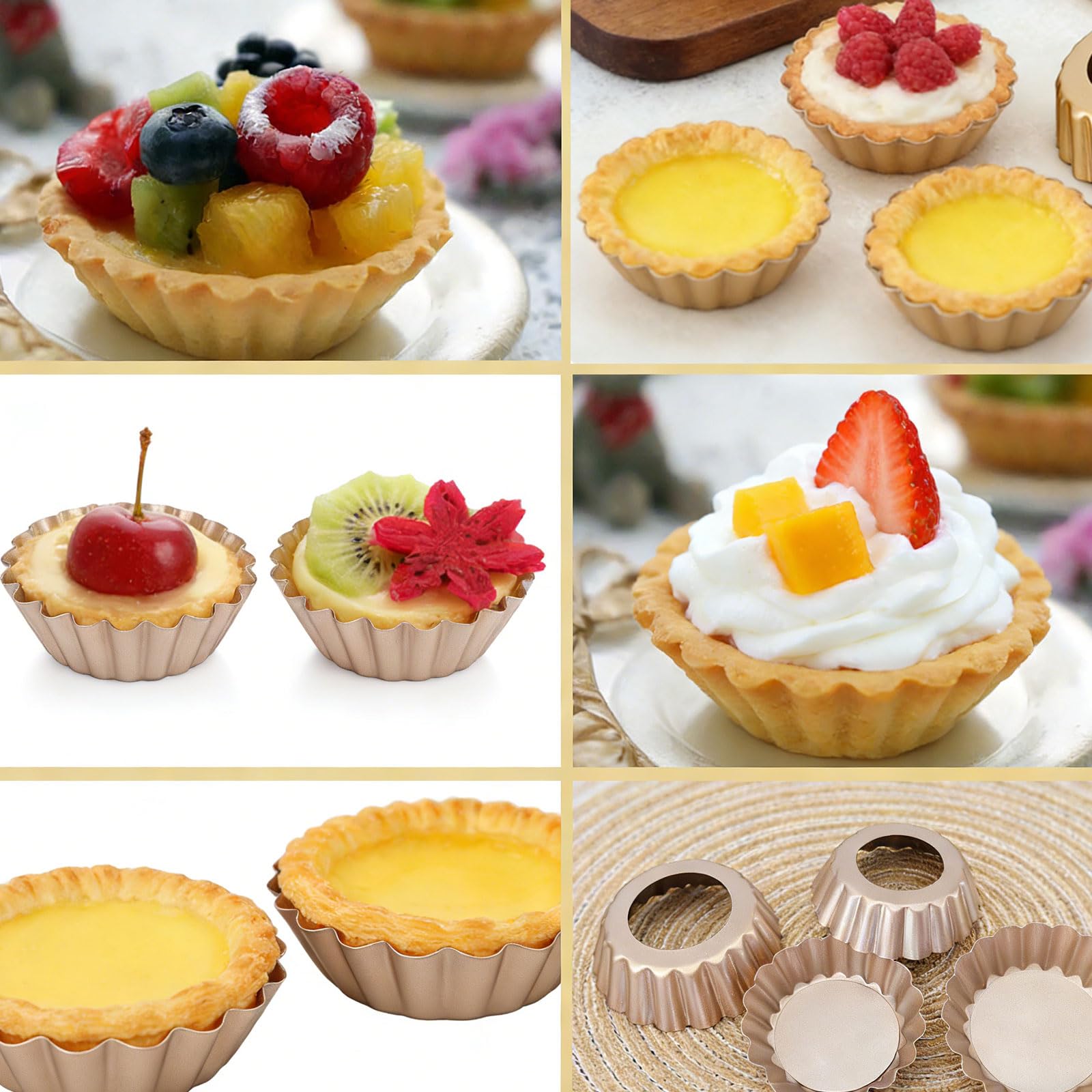 DATANYA Mini Tart Pans Removable Bottom 3 Inch, Carbon Steel Nonstick Quiche Pan Pie Tart Tin Mold, 0.8inches High for Baking Tartlets, Pies, Cakes, Cupcakes - Premium Champagne Gold 12PCS
