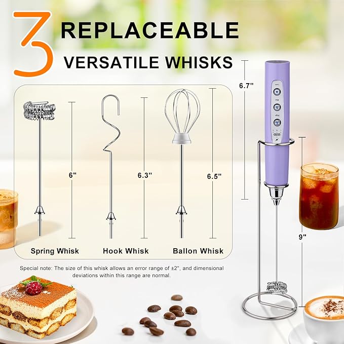 YUSWKO Handheld Milk Frother Wand for Coffee, Rechargeable Electric Whisk with 3 Heads 3 Speeds Drink Mixer Coffee Frother For Latte, Cappuccino, Hot Chocolate, Egg, Light Purple with Holder