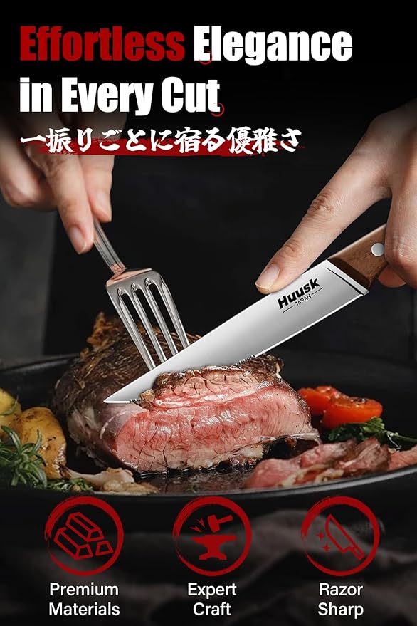 Huusk Steak Knives Set of 8 with Drawer Organizer-4.5 in Japanese Serrated Steak Knife Set with Block, Serrated & Straight Dual-Edge, Stainless Steel Steaks Knives with Holder, Gift Box for Him Her