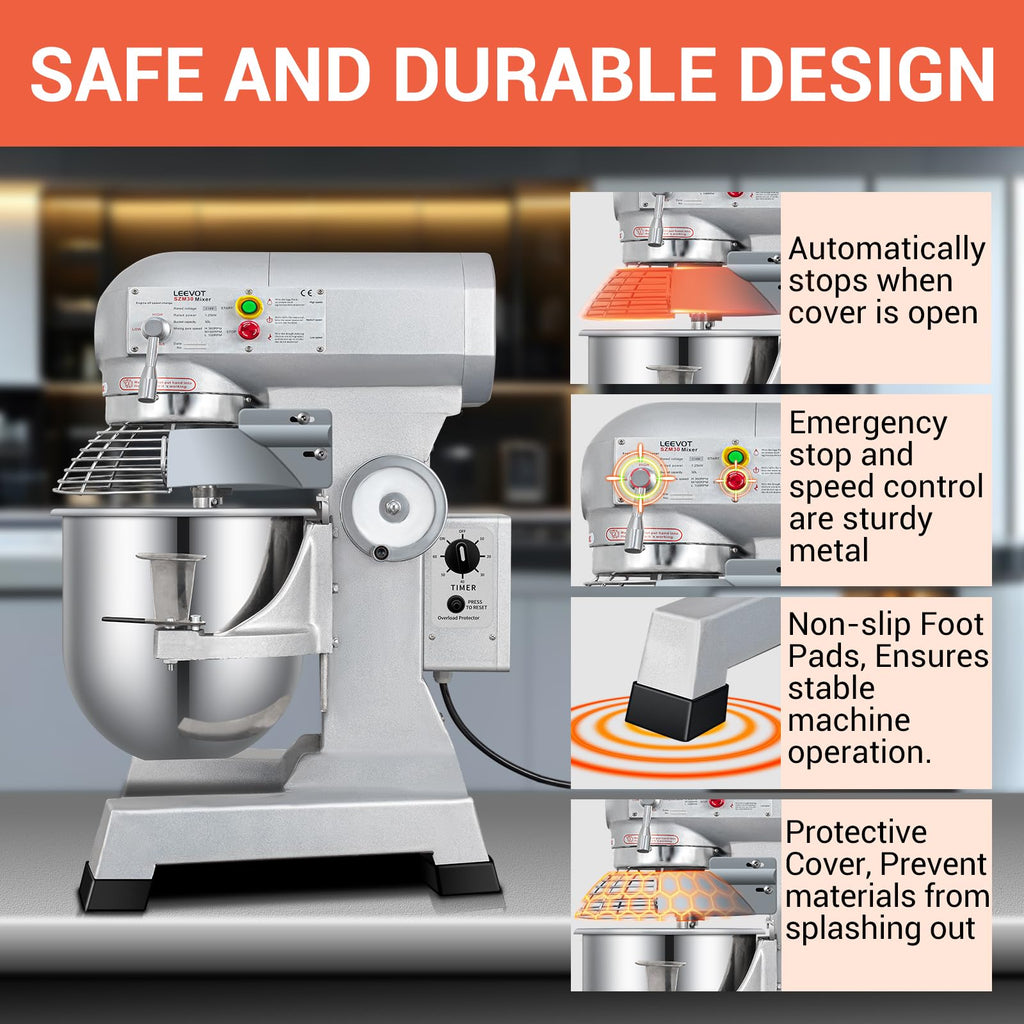 BOSBAK 30 QT Stand Mixer, Commercial Industrial Grade Kitchen Electric Food Mixer with Stainless Steel Bowl, 3 Types of Mixing Tools, Built for Professional Baking: Effortlessly Handles Large Recipes