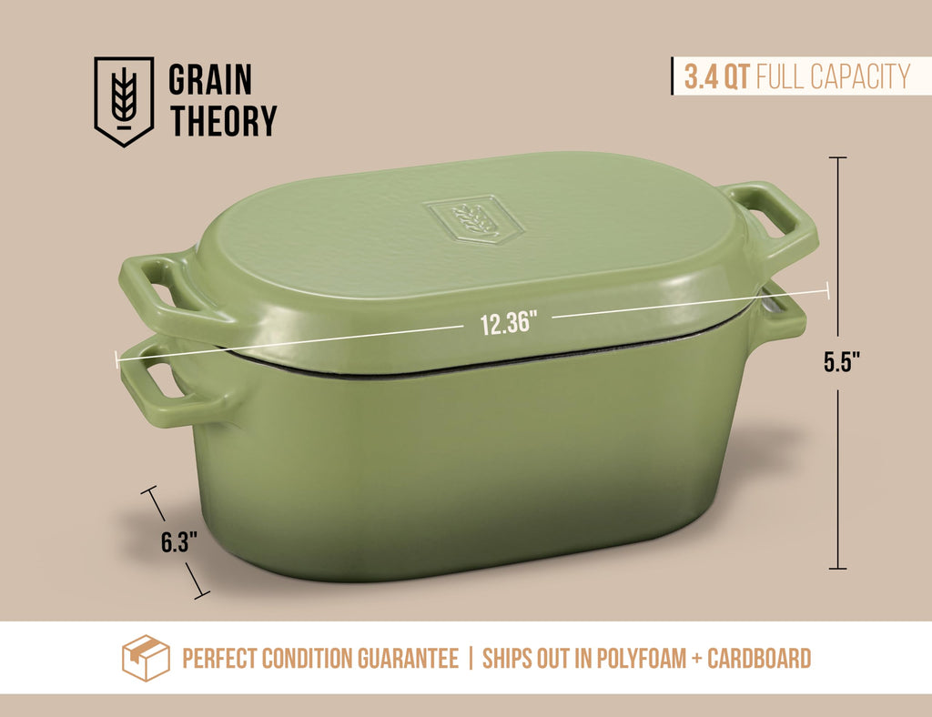 KooK Oval Dutch Oven, for Bread Baking, Sourdough Loaf Pan, Dual Handles, Enameled Cast Iron, with Sling, Dishwasher Safe, 3.4 Qt, Sage Ombre