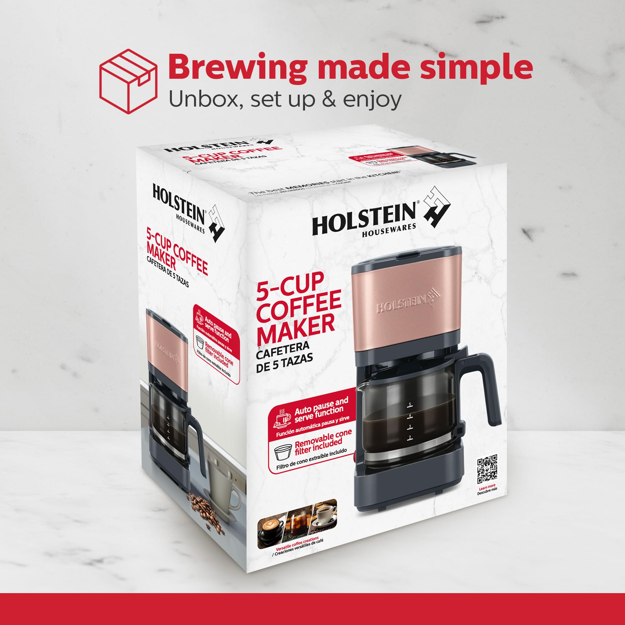 Holstein Housewares 5 Cup Coffee Maker – Compact Drip Coffee Machine with Auto Pause & Serve, Reusable Filter, Glass Carafe, Water Window & Warming Plate. Dark Grey & Rose Gold
