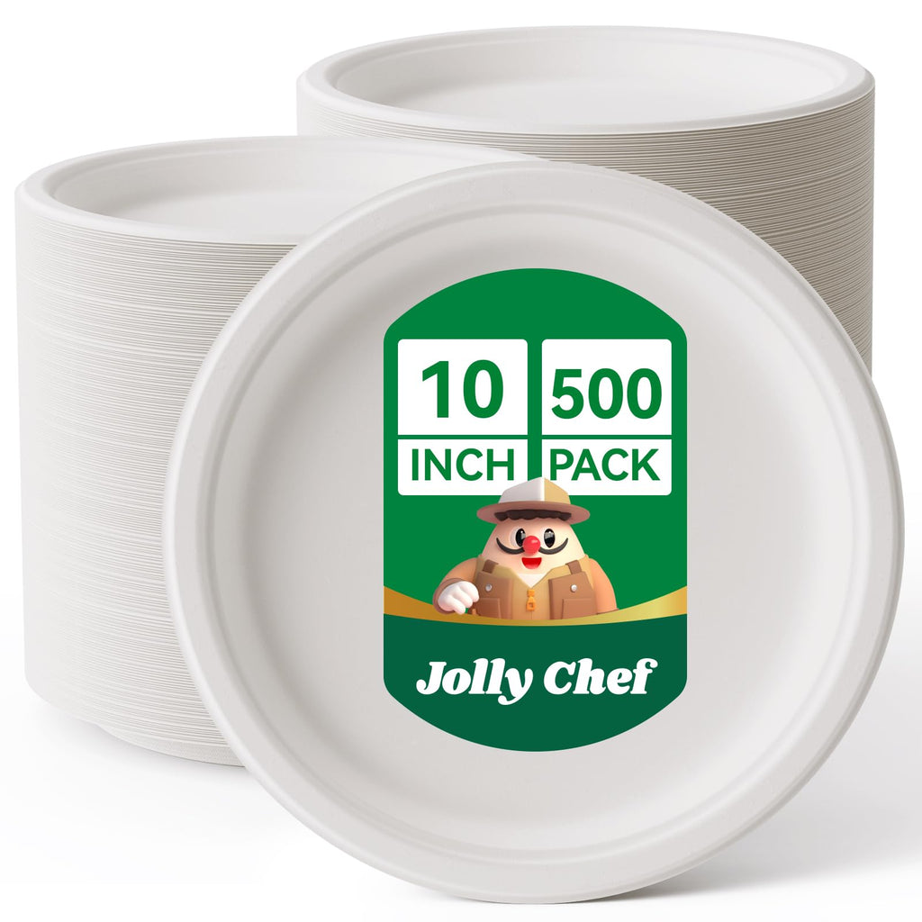 JOLLY CHEF Compostable Heavy Duty Plates 𝟭𝟬 𝗜𝗻𝗰𝗵 [𝟱𝟬𝟬 𝗣𝗮𝗰𝗸] Eco-Friendly Disposable Paper Plates Natural Bagasse Biodegradable Sugarcane Bulk for Party Hot Cold Dinner Christmas (Brown)